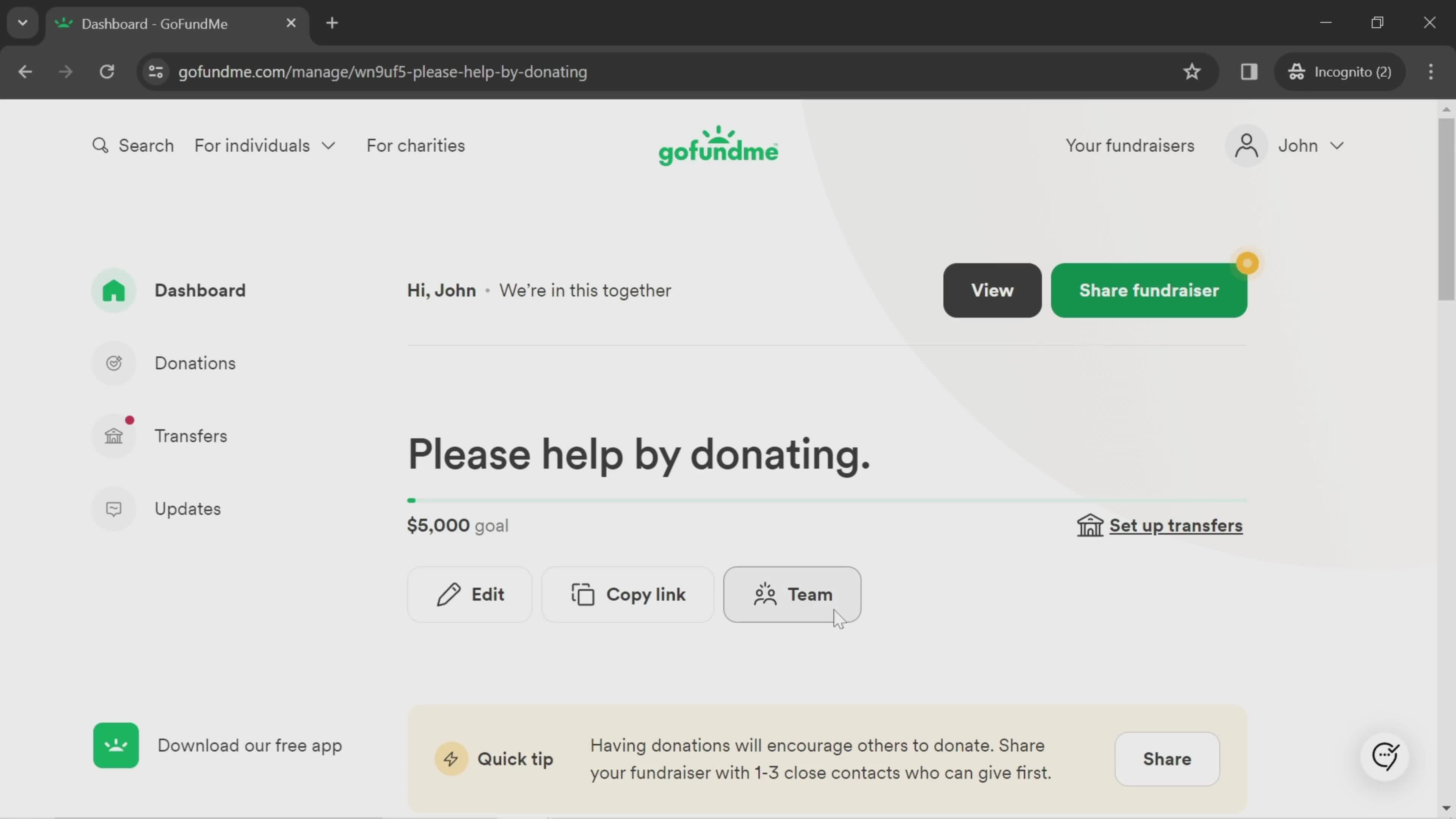 GoFundMe dashboard screenshot