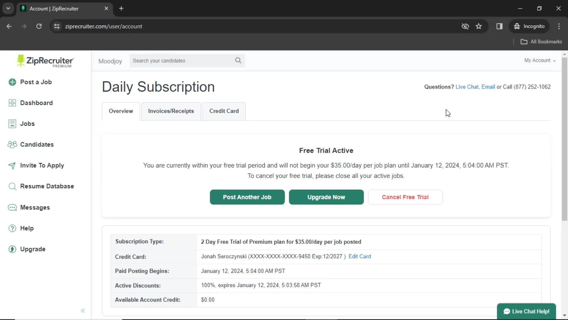 ZipRecruiter subscription screenshot