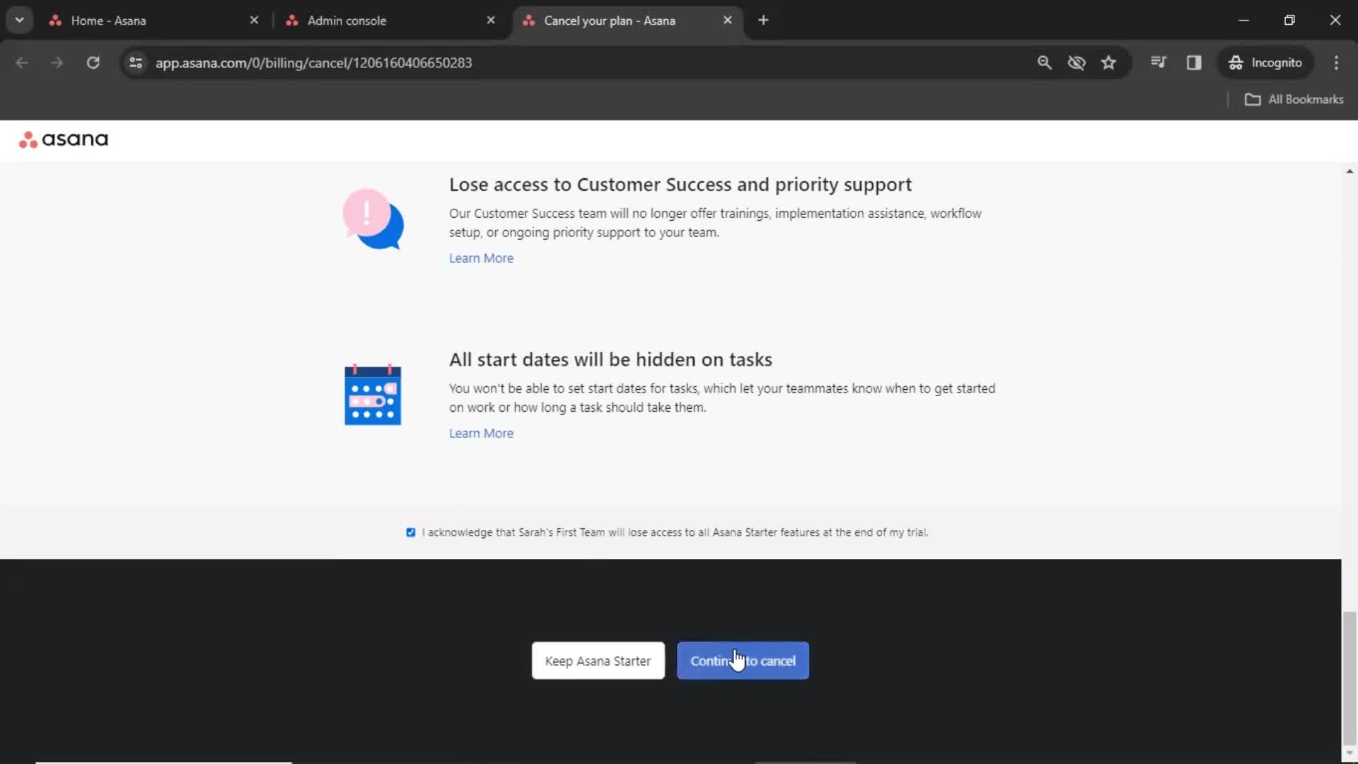 Asana confirm cancellation screenshot