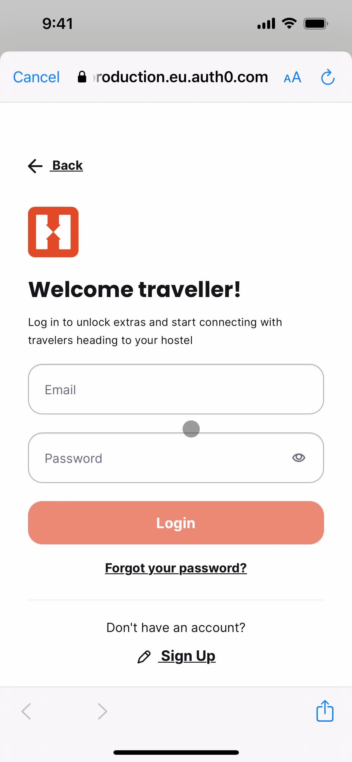 Hostelworld login screenshot