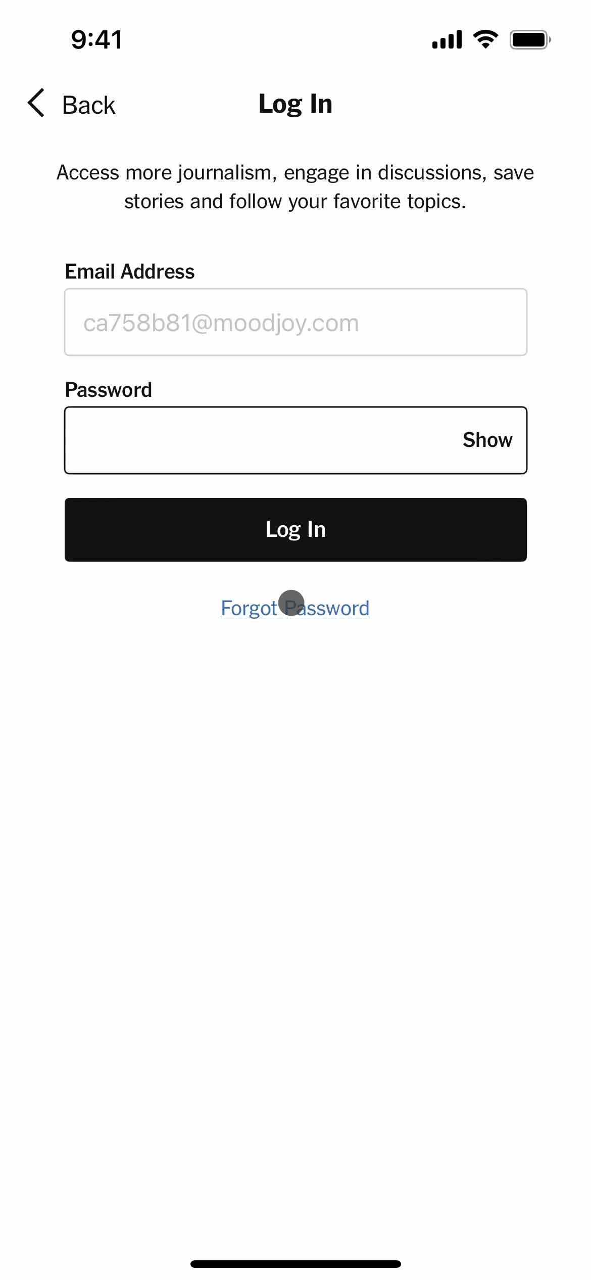 The New York Times forgot password screenshot