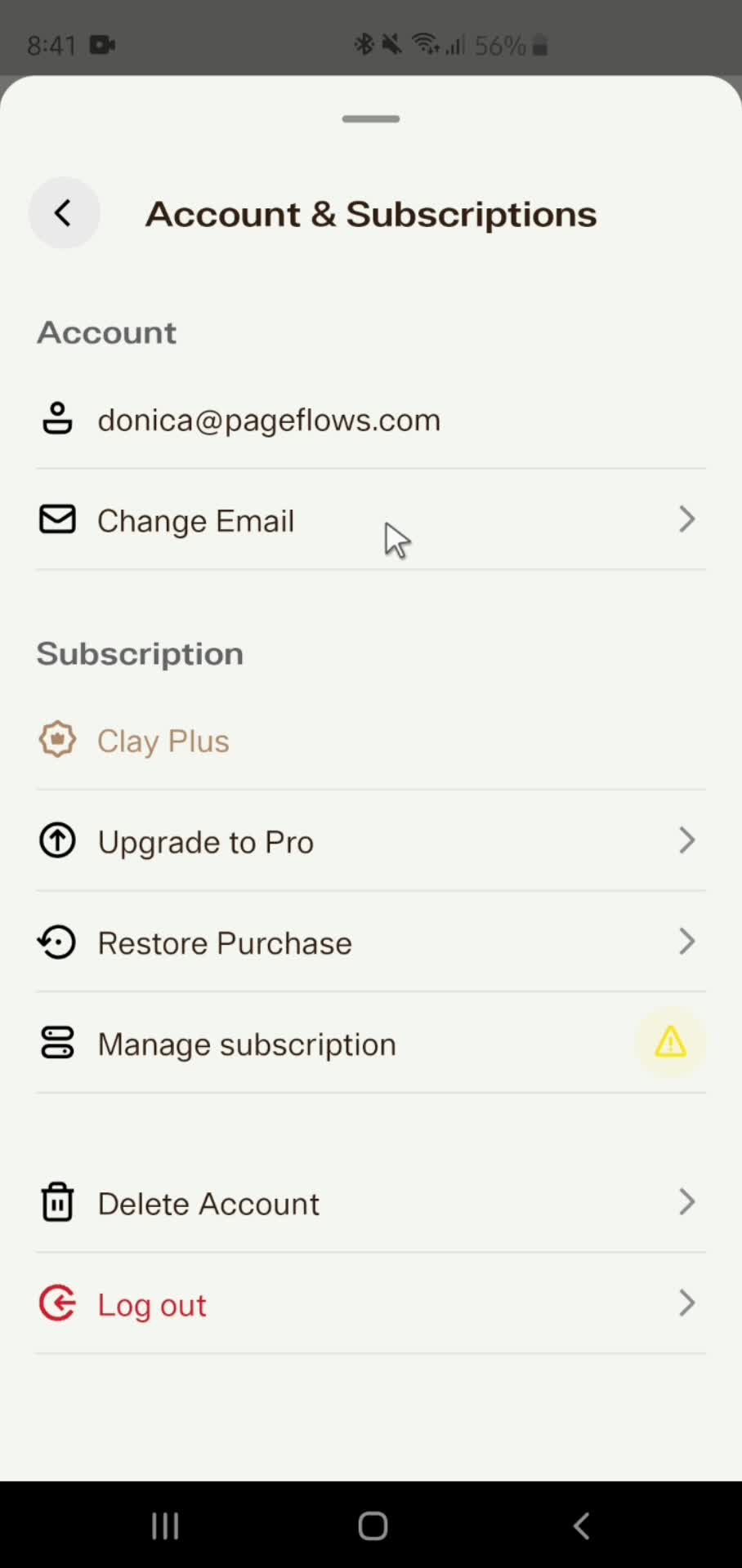 Clay - Story Templates account settings screenshot