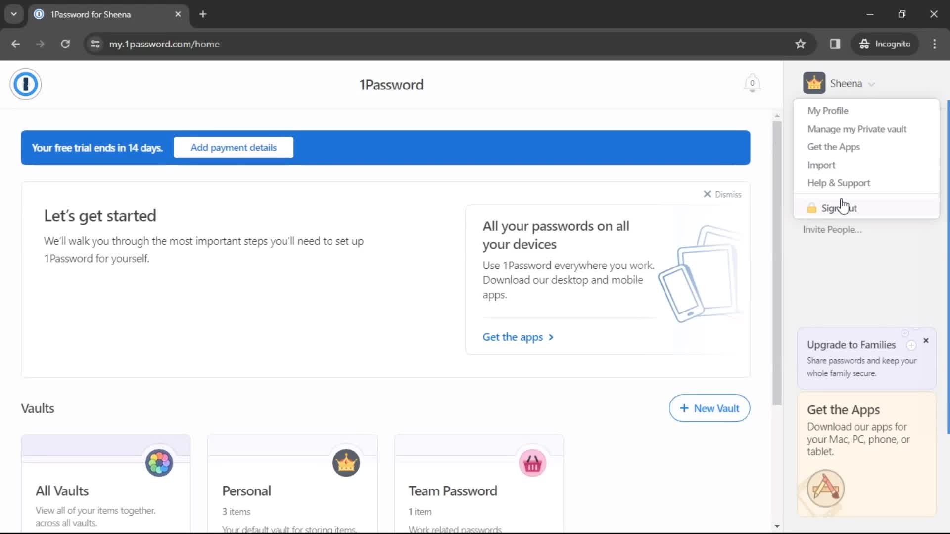 1Password account menu screenshot