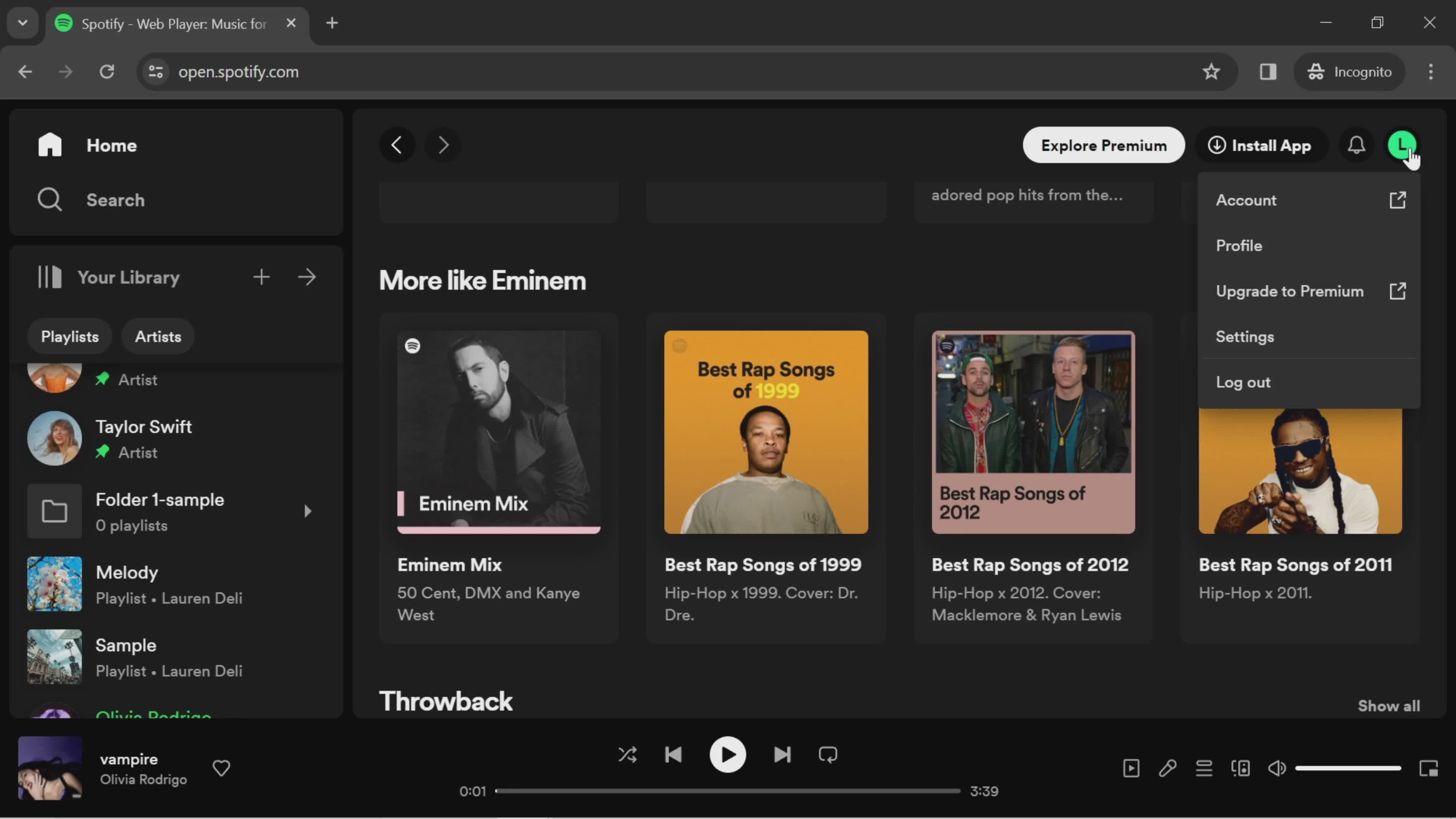 Spotify account menu screenshot