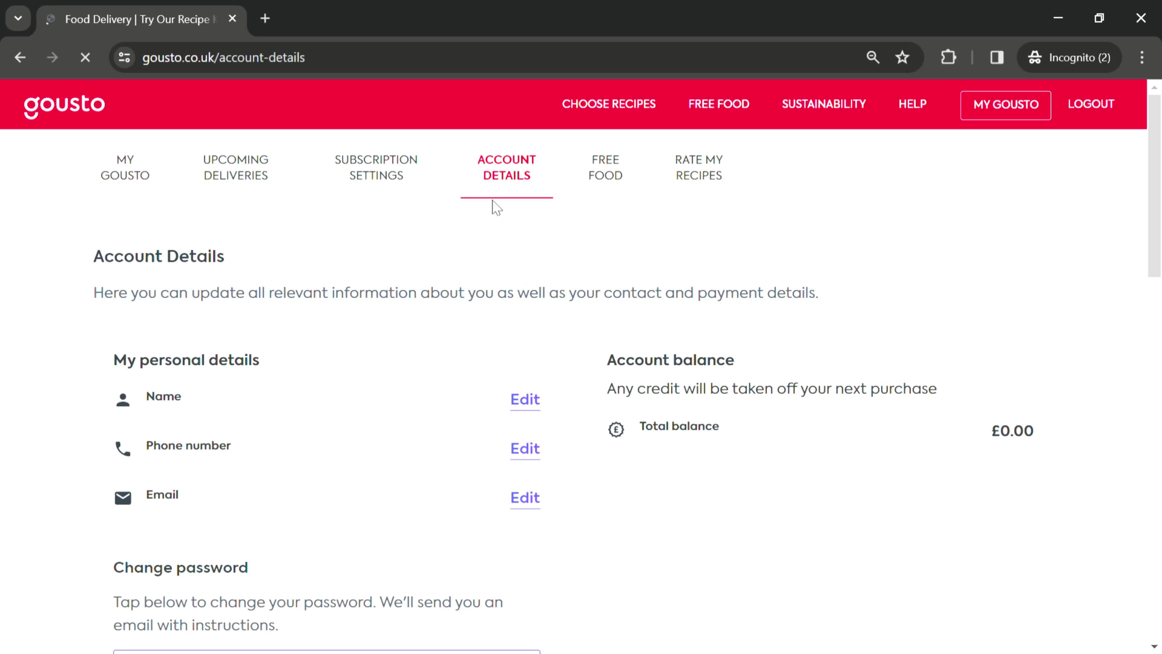 Gousto account details screenshot