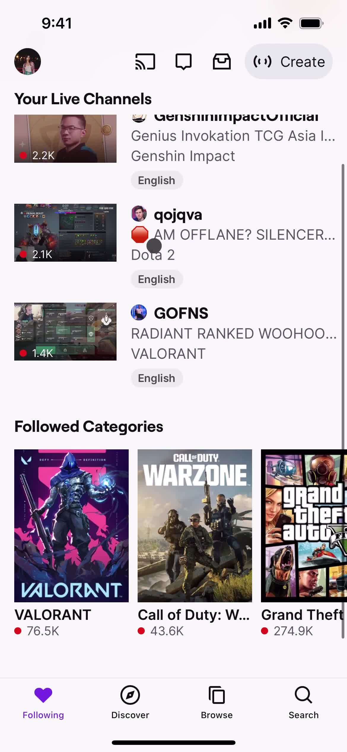 Twitch home screenshot