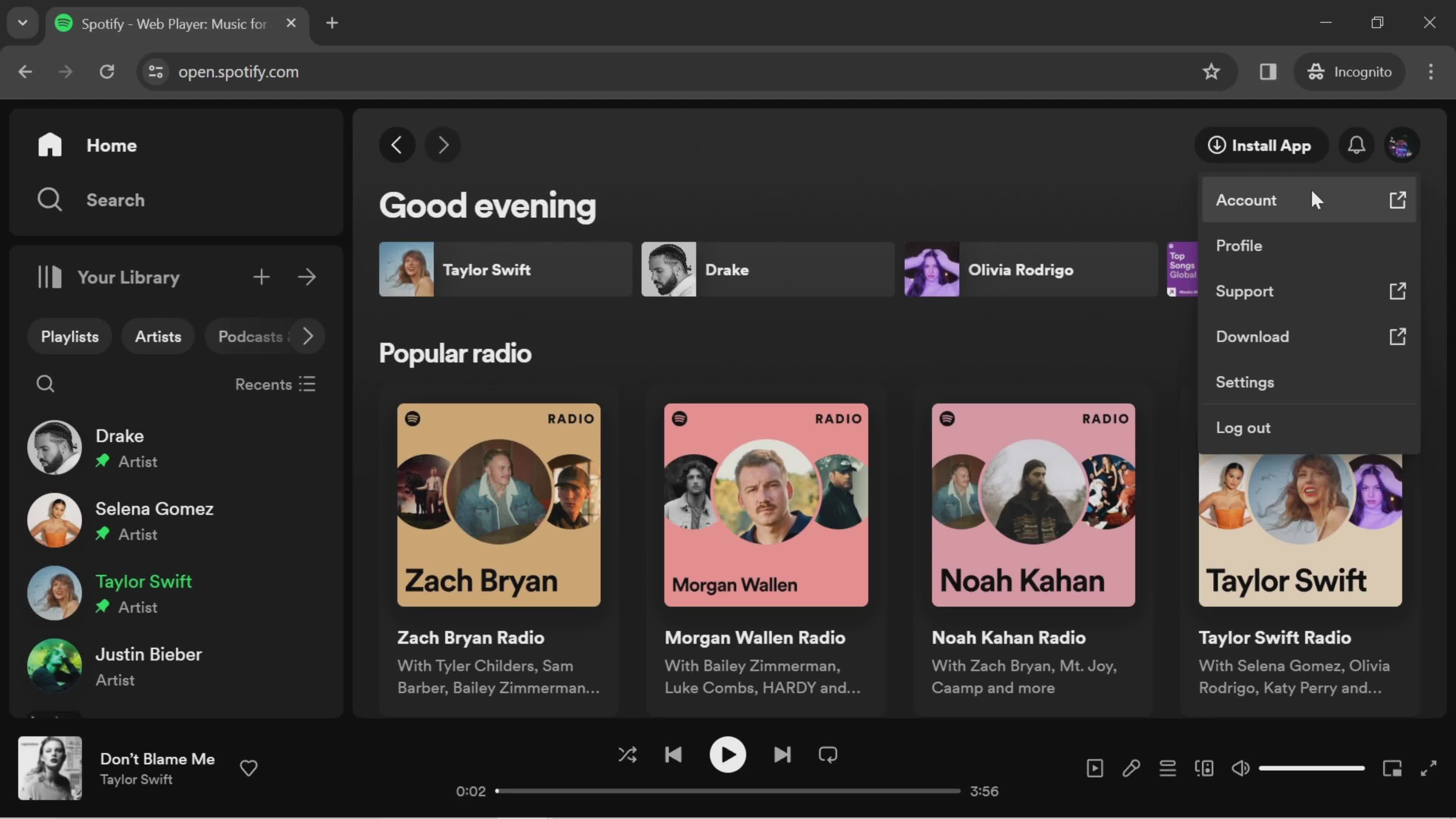 Spotify account menu screenshot