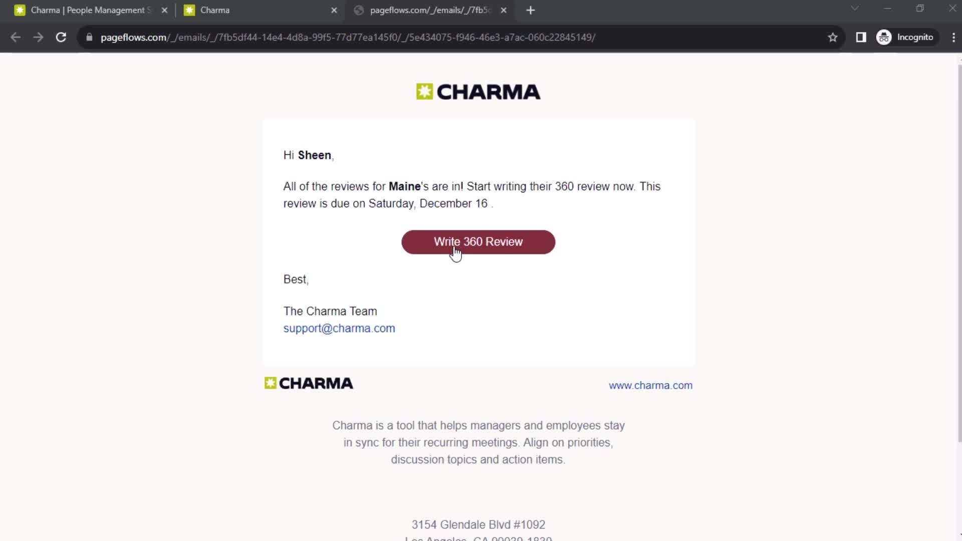 Charma email screenshot