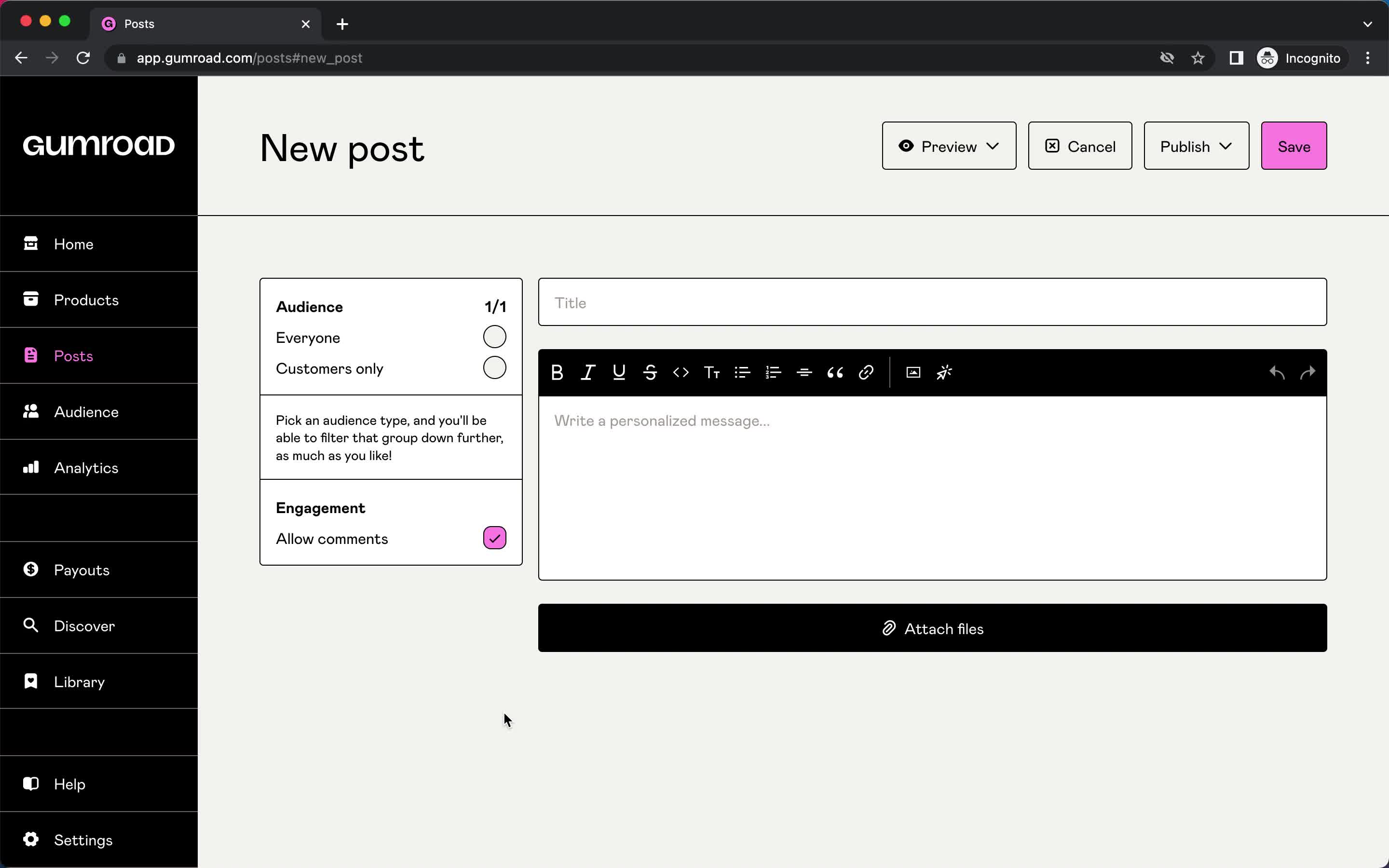 Gumroad create post screenshot