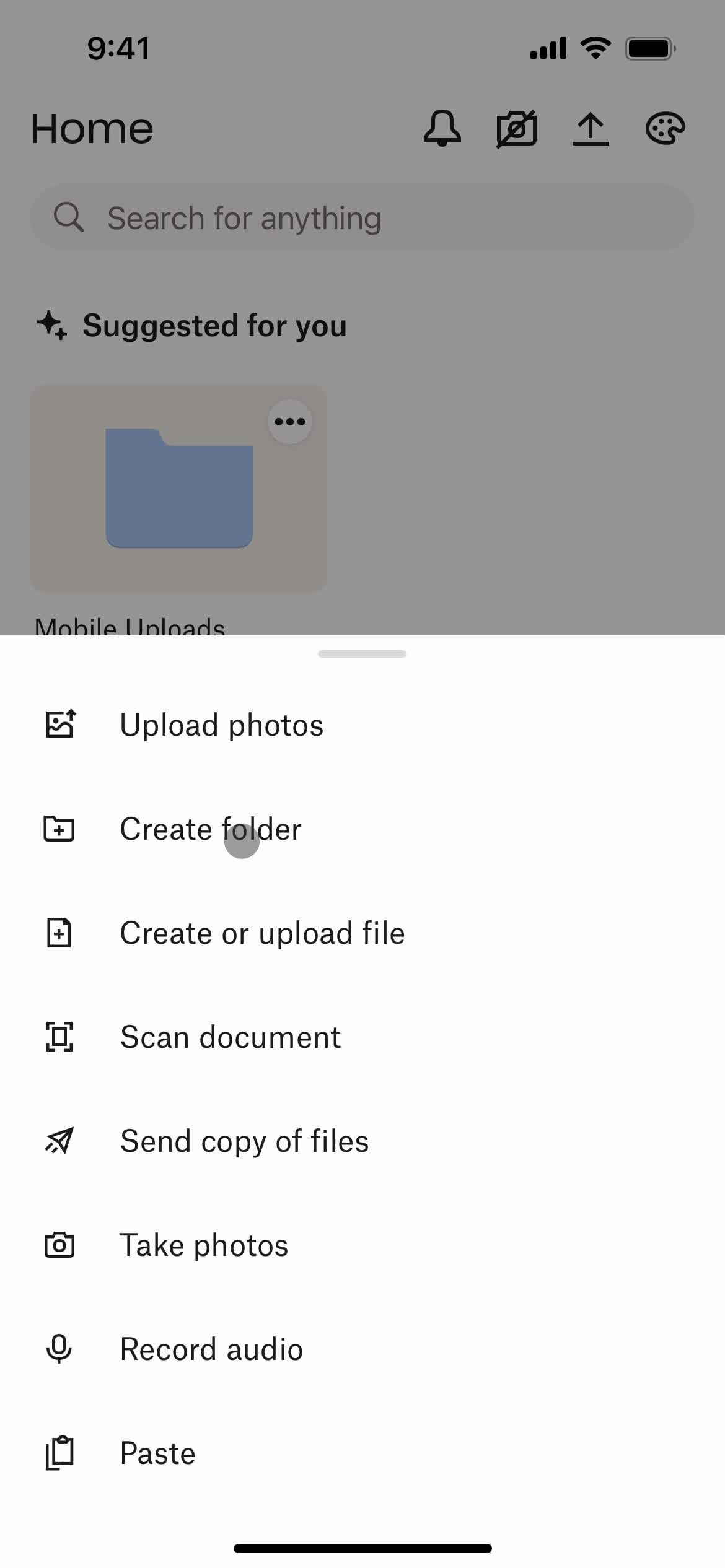 Dropbox create menu screenshot