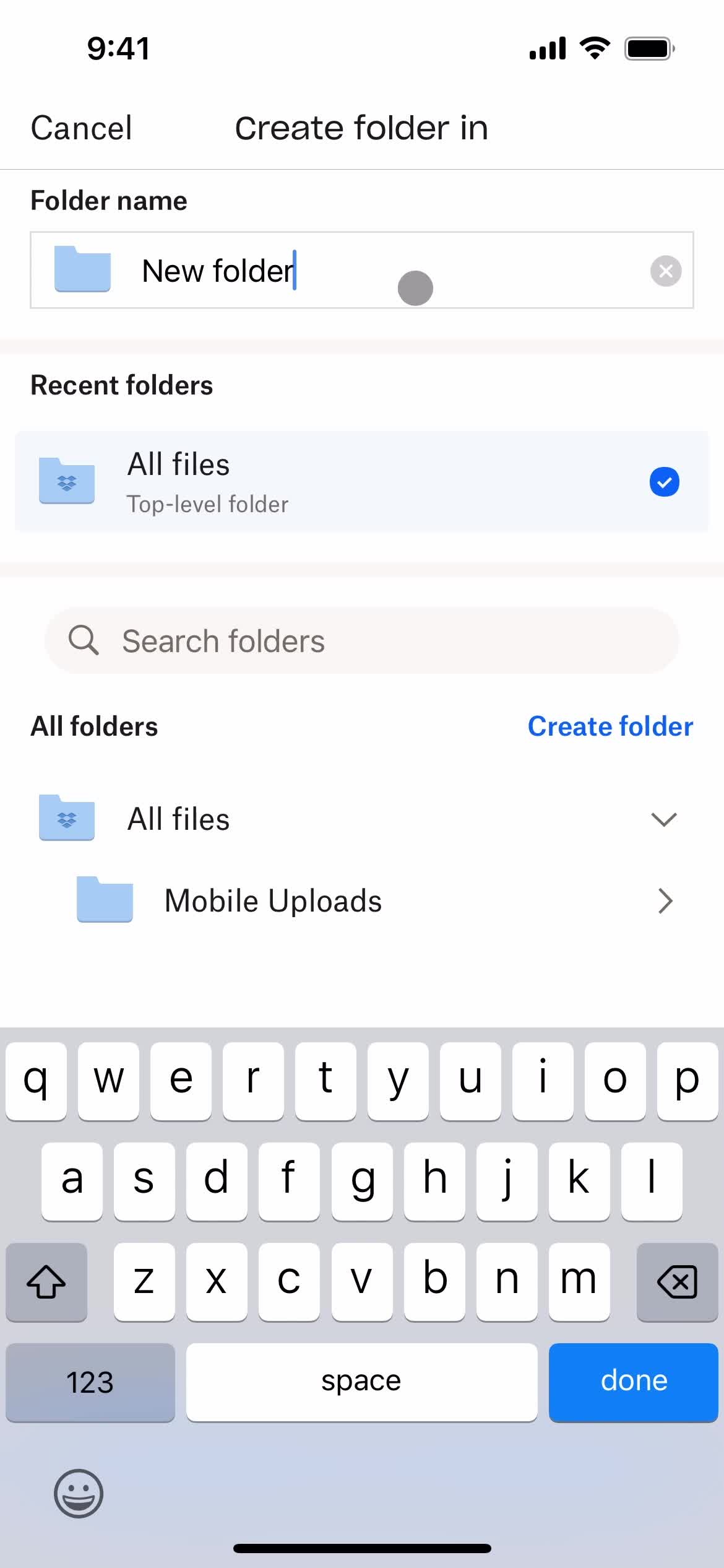 Dropbox create folder screenshot