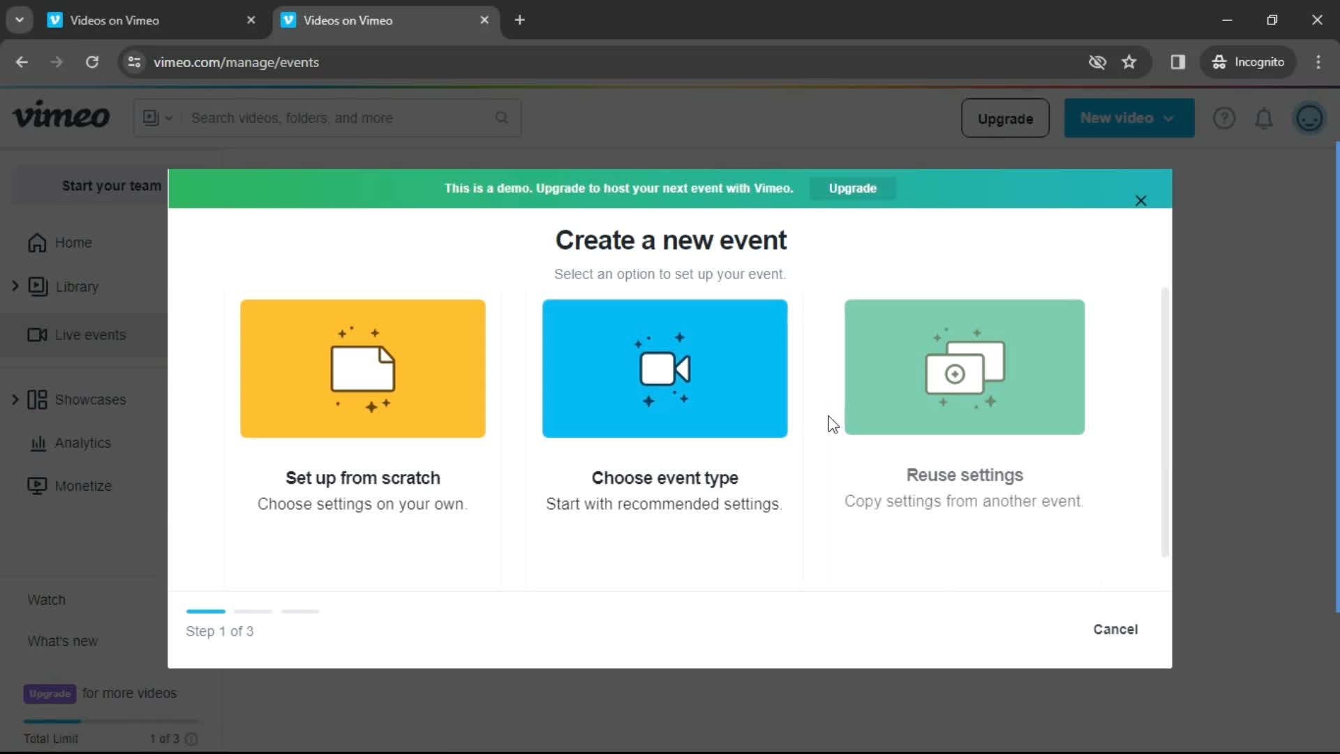 Vimeo select event type screenshot