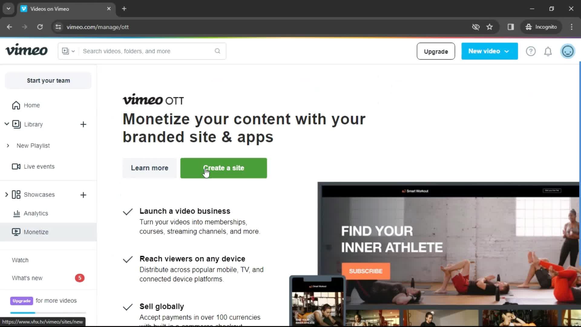 Vimeo create landing page screenshot