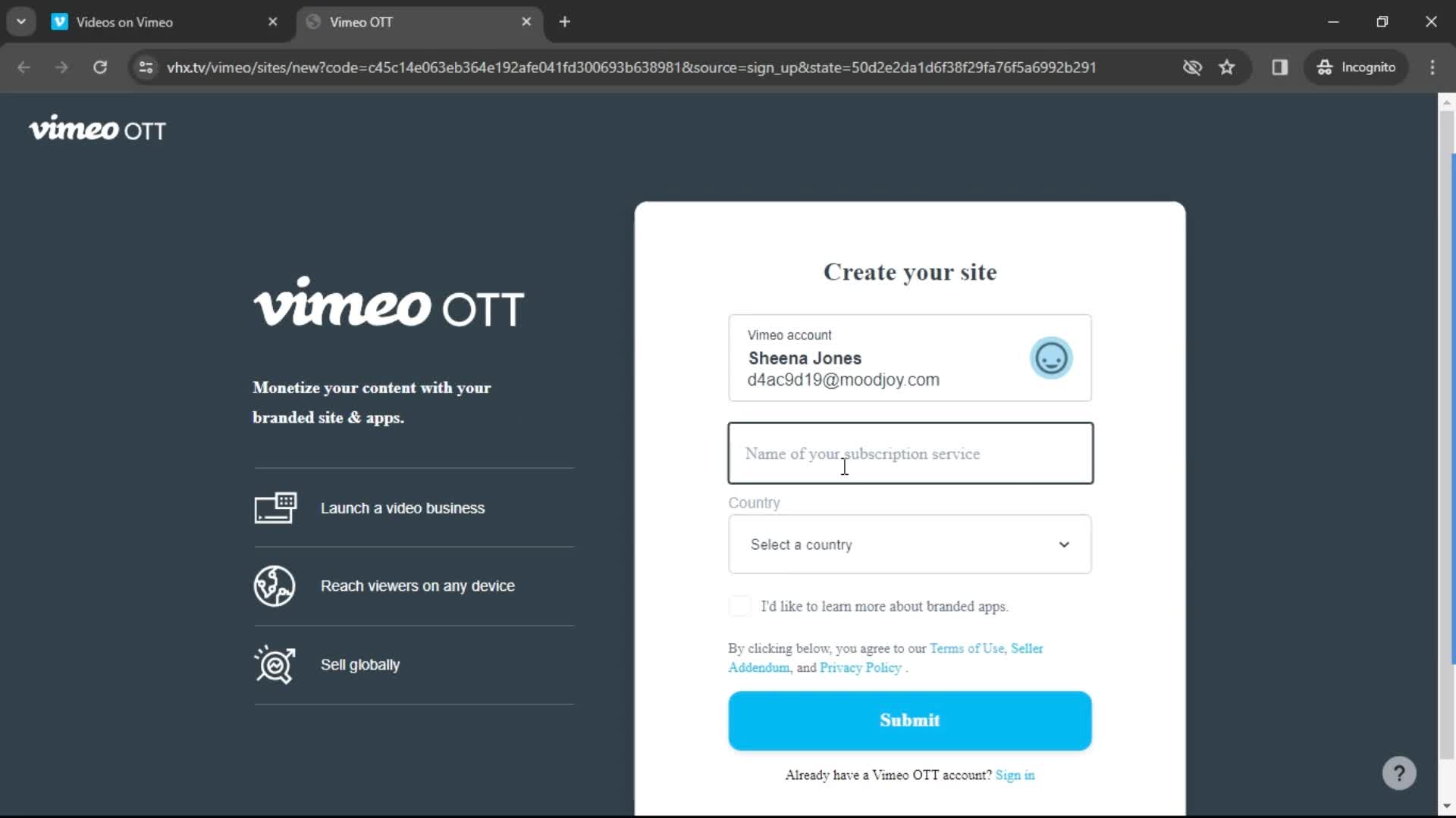 Vimeo enter name screenshot