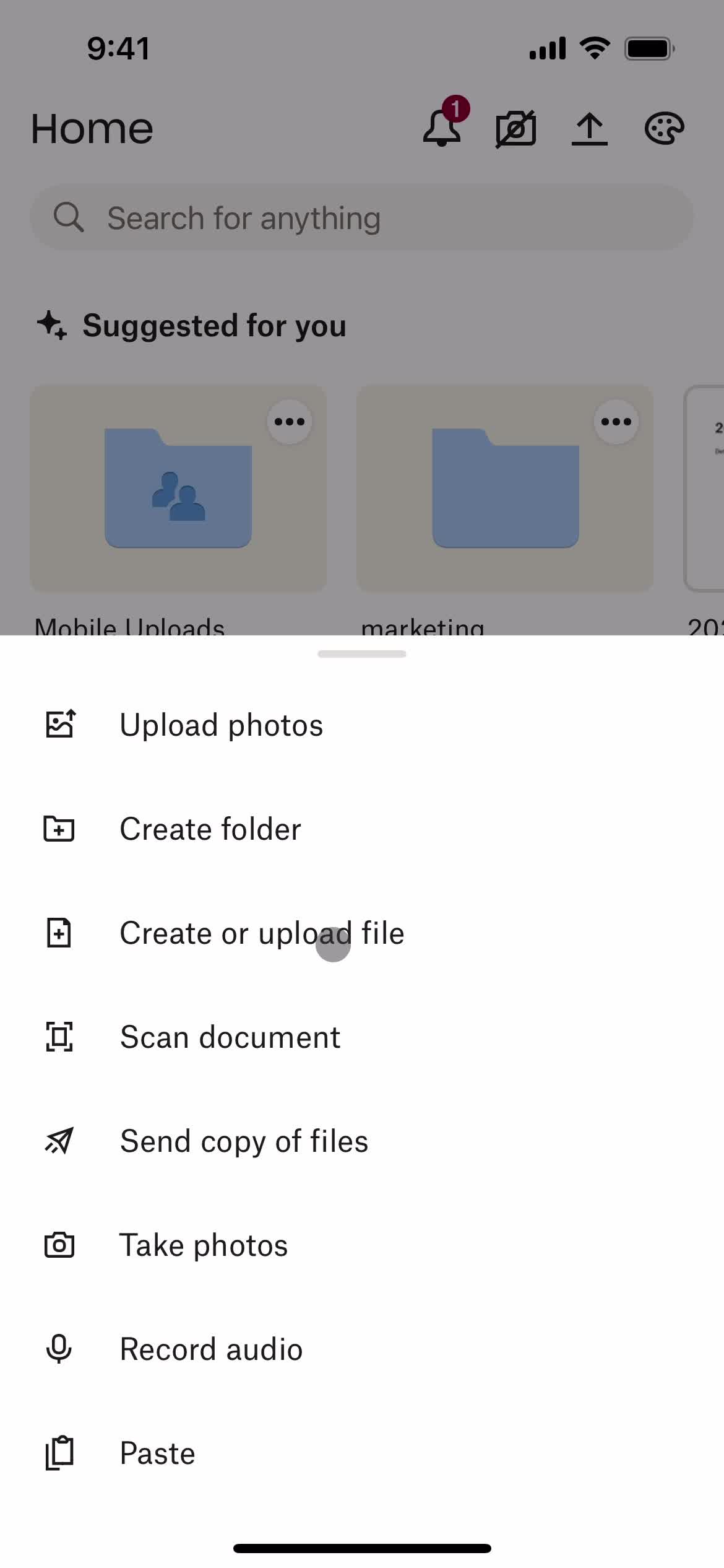 Dropbox create menu screenshot