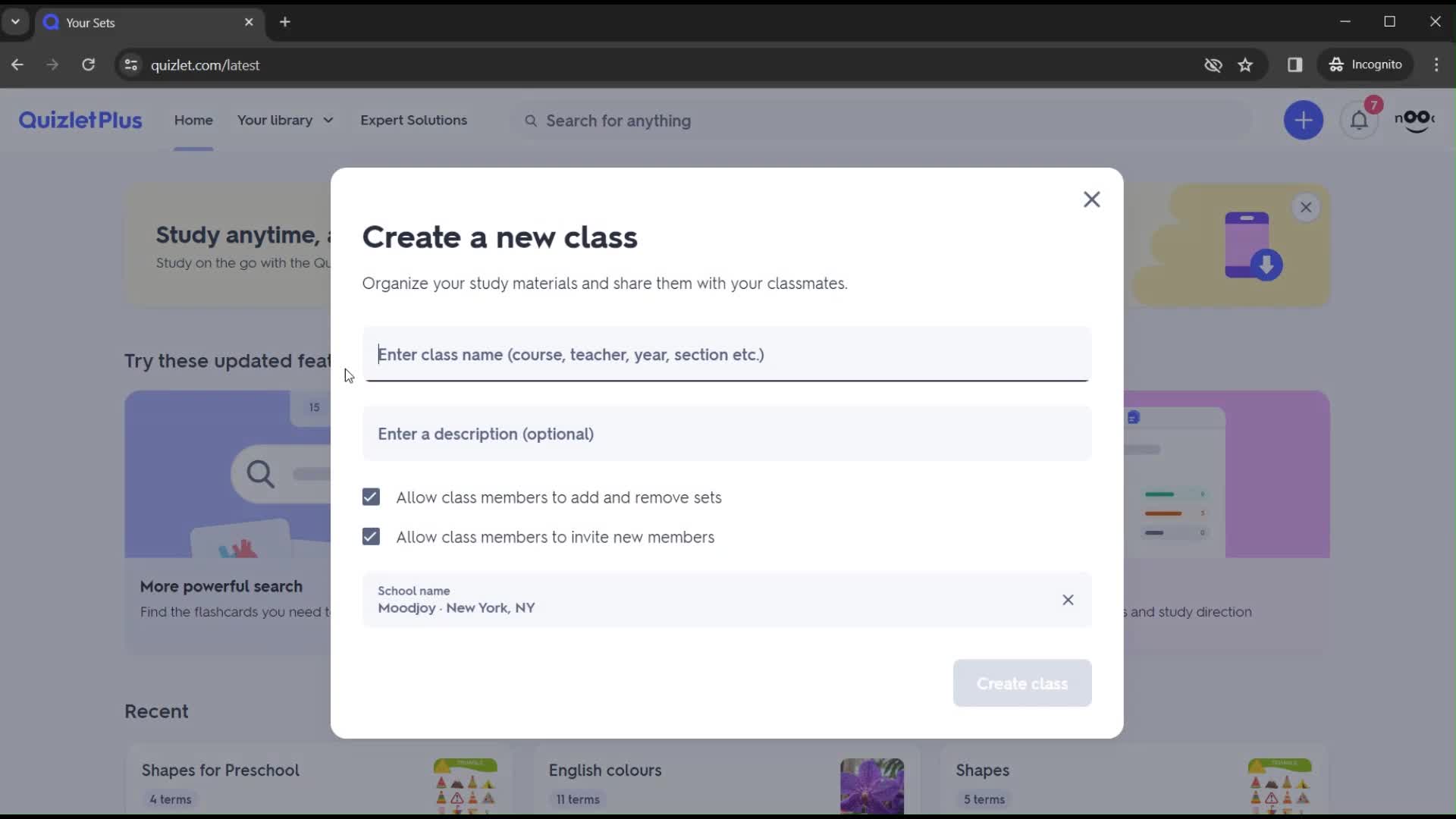 Quizlet create class screenshot