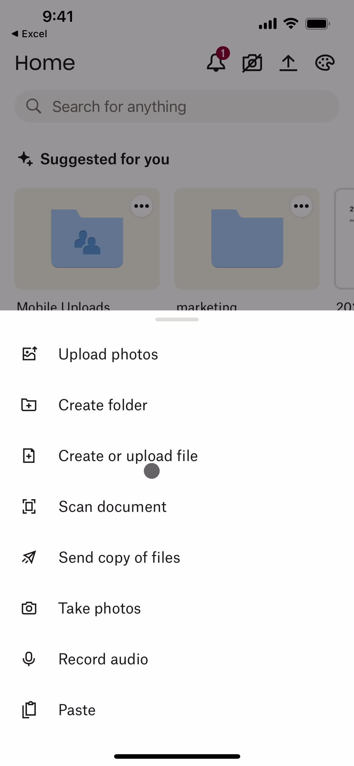 Dropbox create menu screenshot