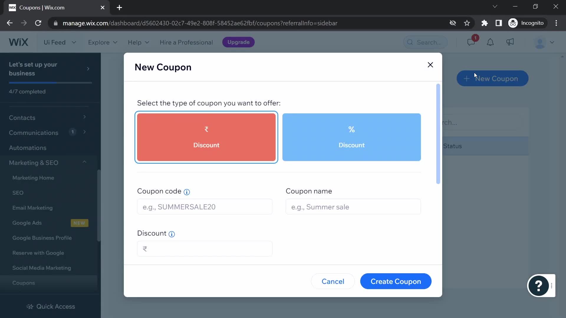 Wix create coupon screenshot