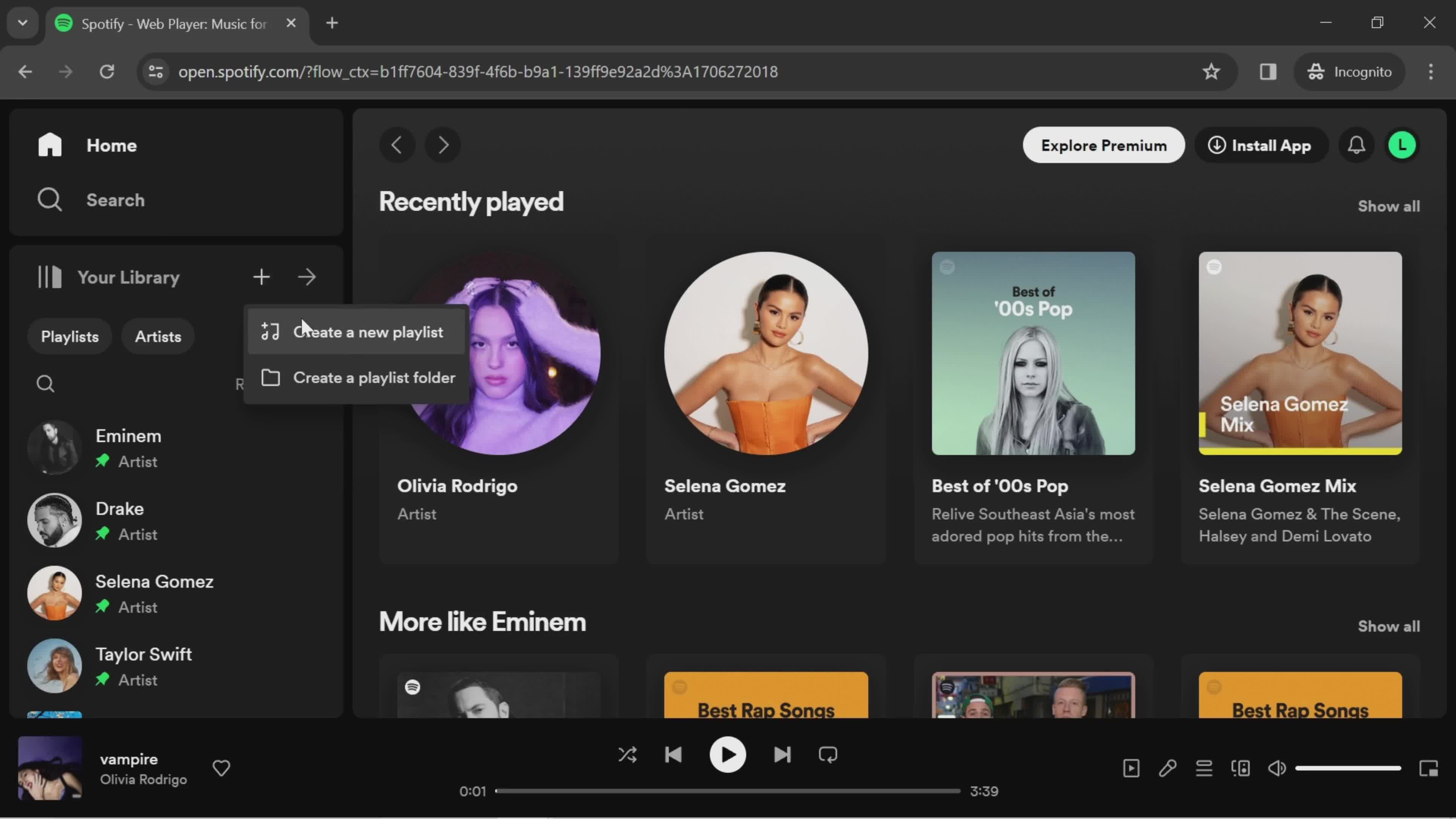 Spotify create menu screenshot