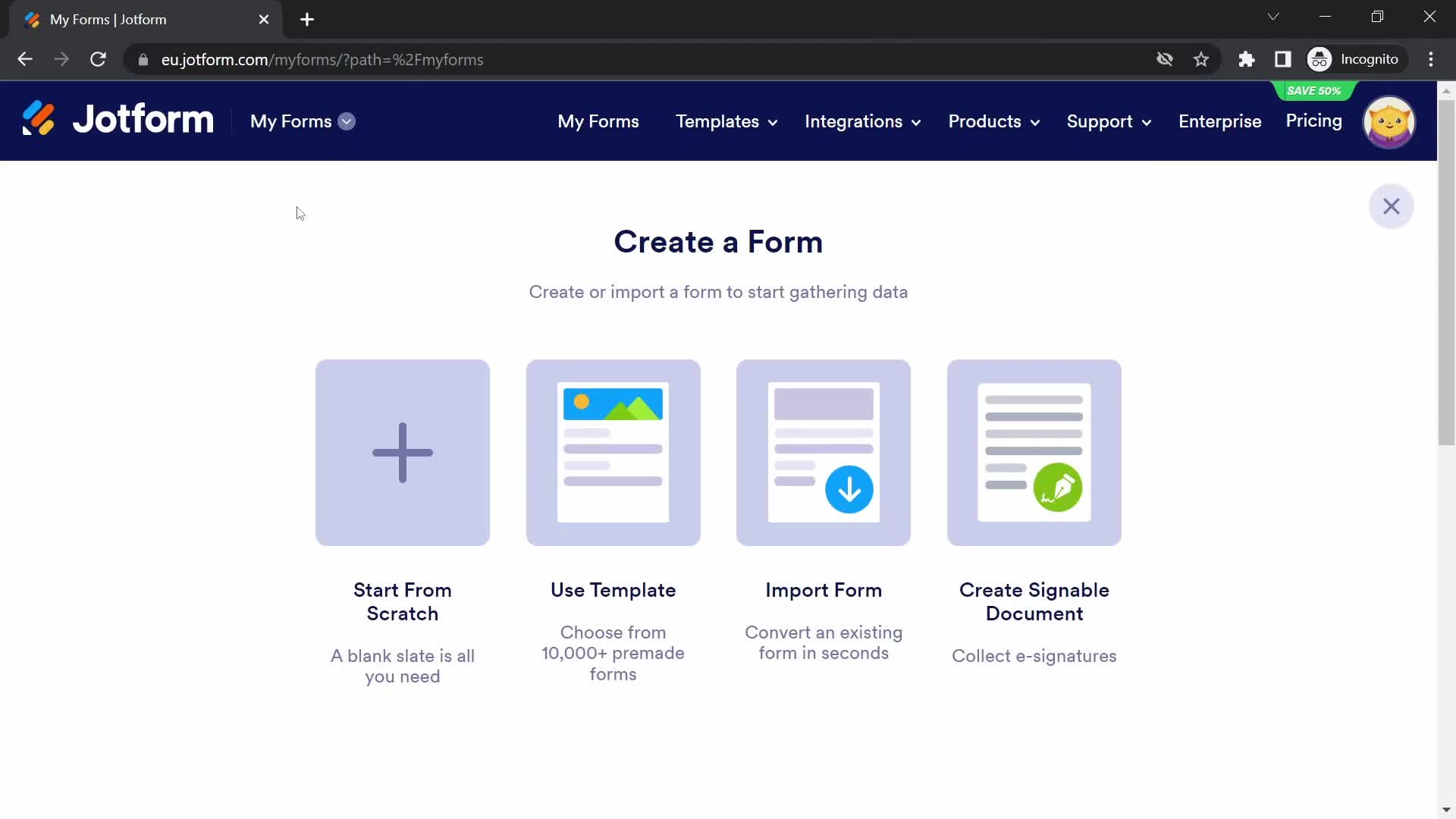 Jotform create form screenshot