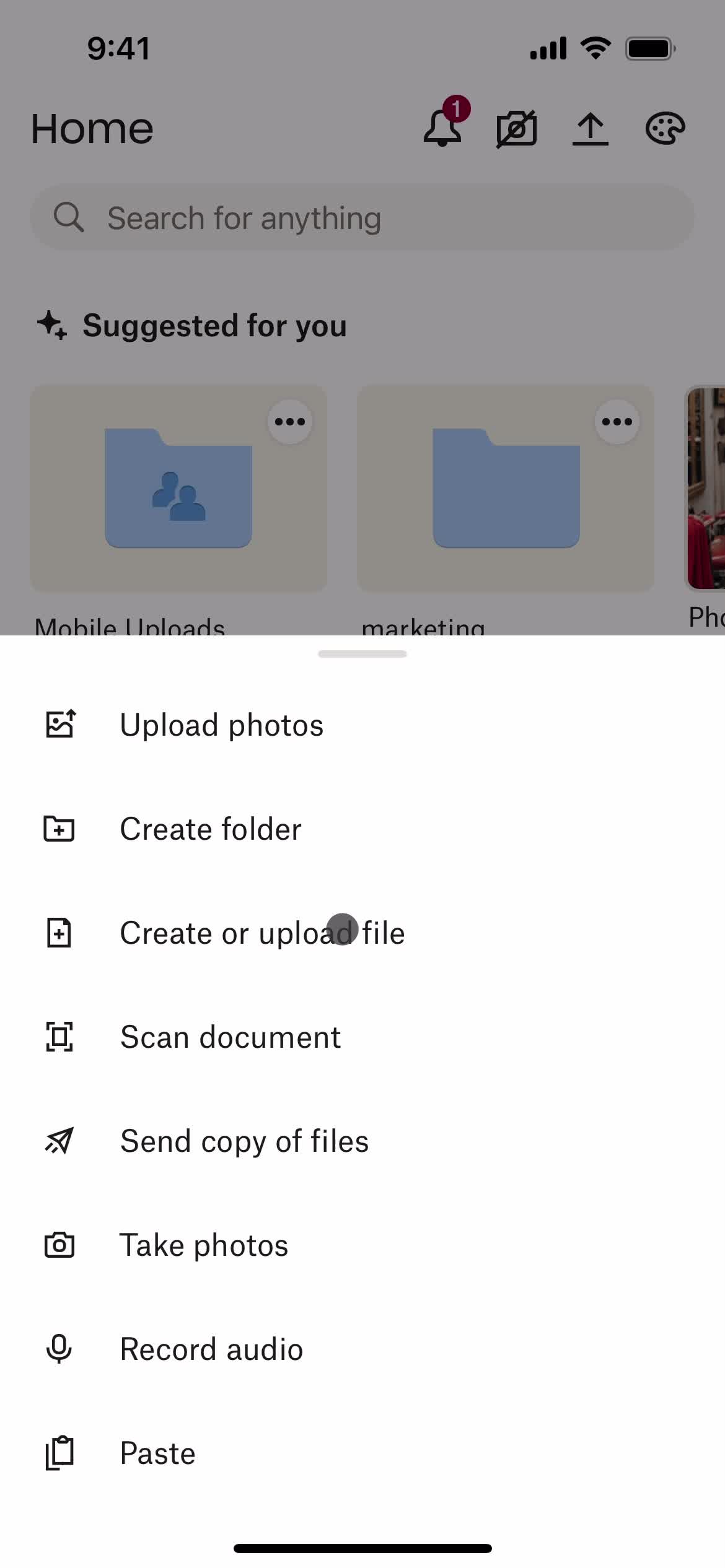 Dropbox create menu screenshot