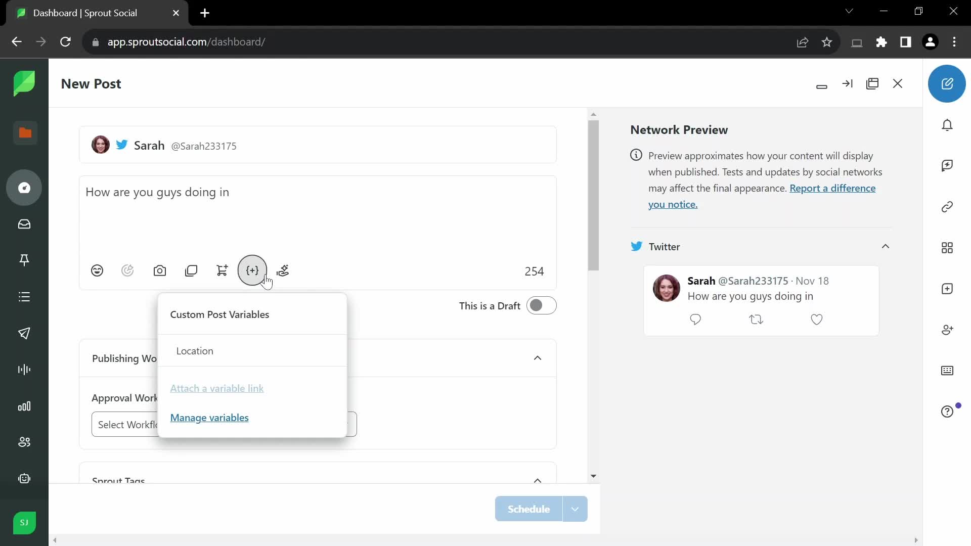 Sprout Social add variable screenshot