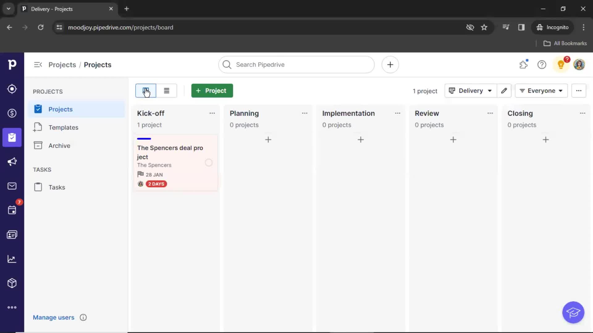 Pipedrive kanban board screenshot