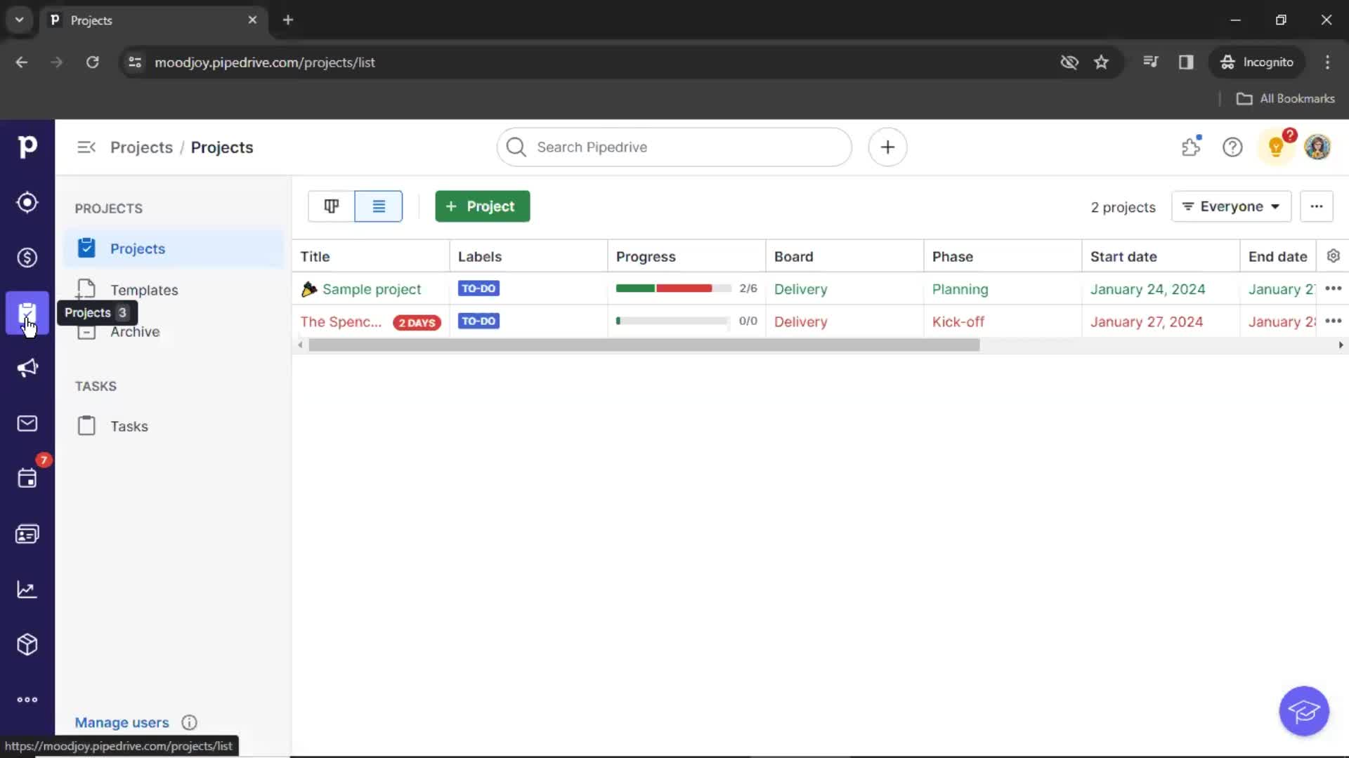 Pipedrive projects screenshot