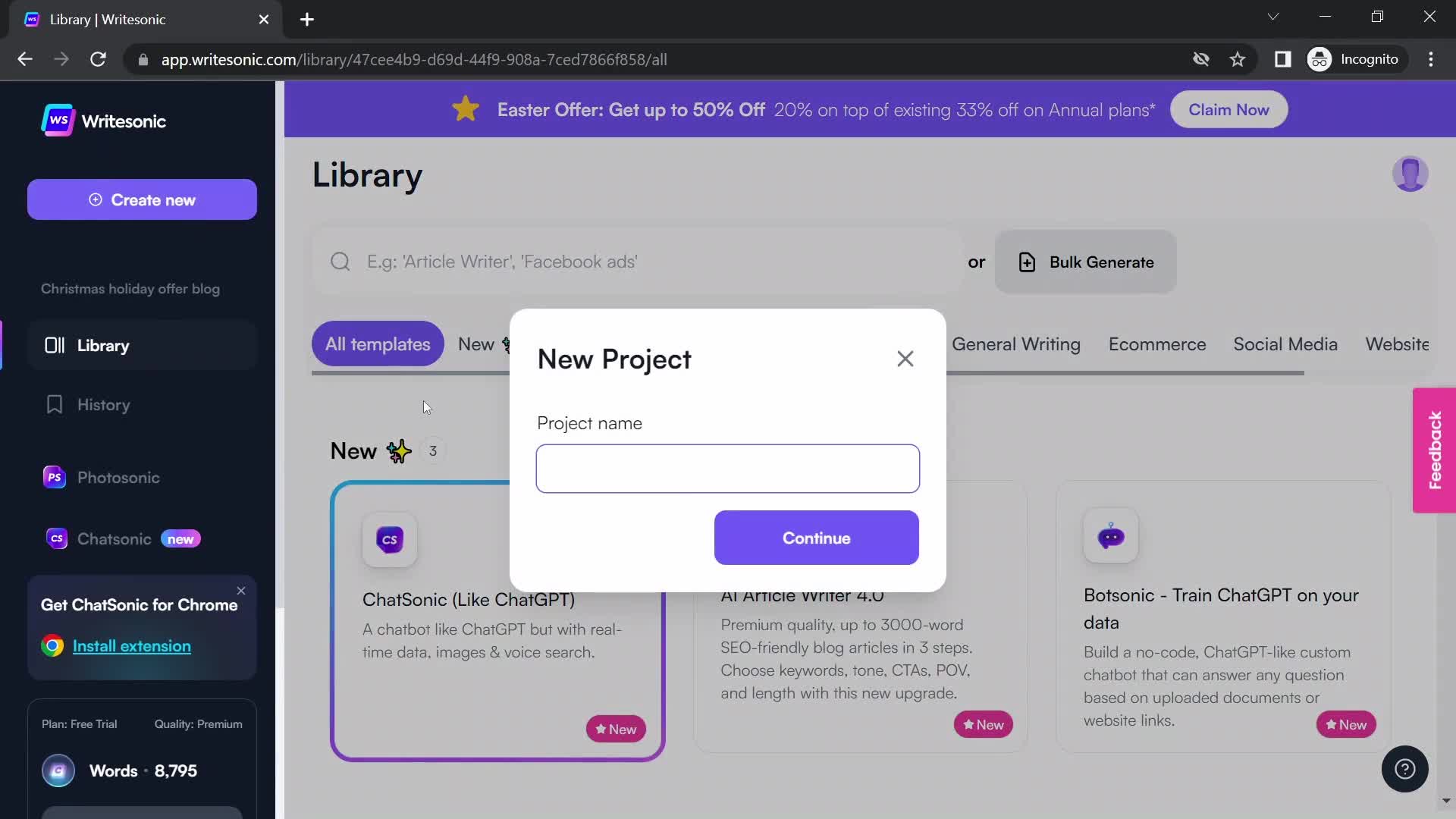 Writesonic create project screenshot