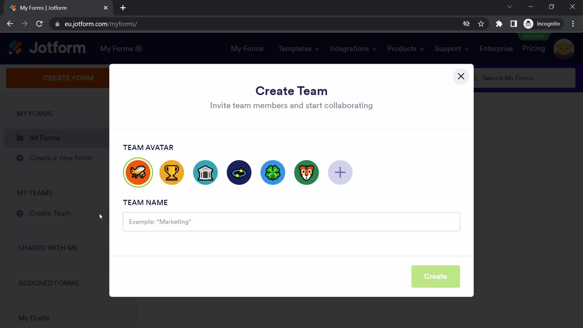 Jotform create team screenshot