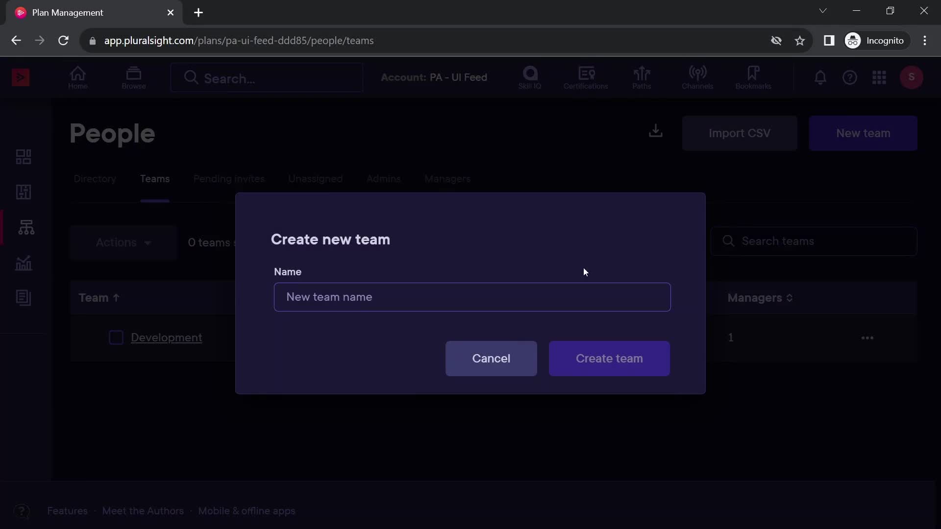 Pluralsight create team screenshot