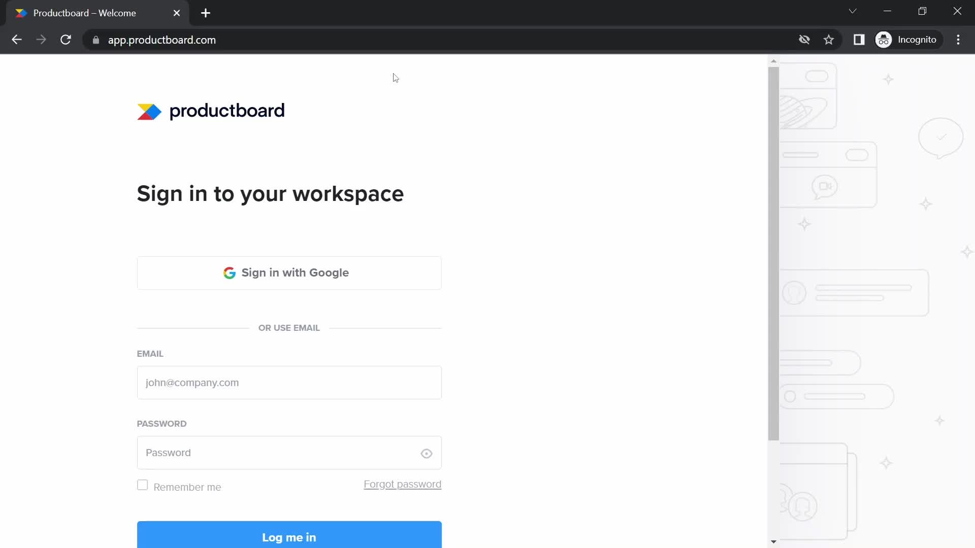 Productboard sign in screenshot