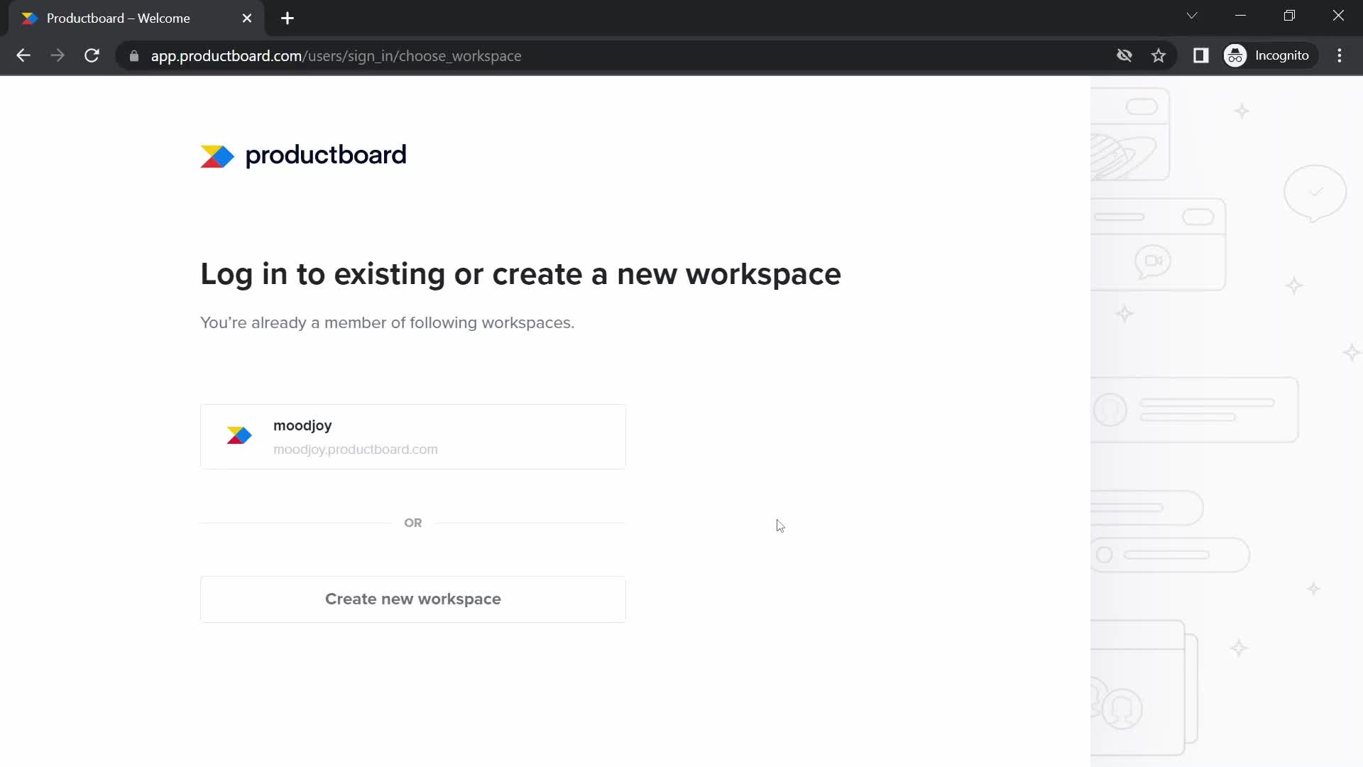 Productboard select workspace screenshot