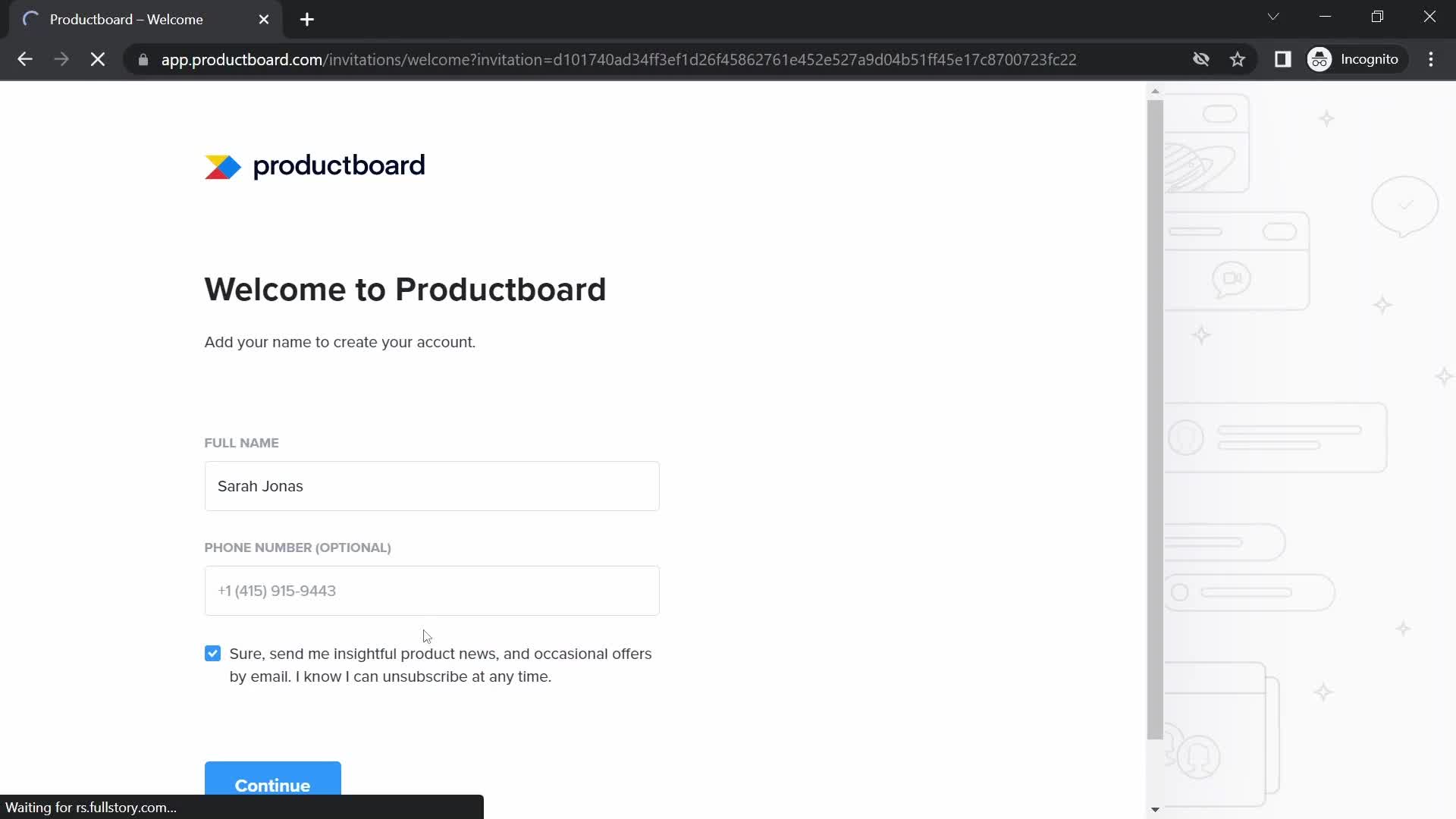 Productboard create account screenshot