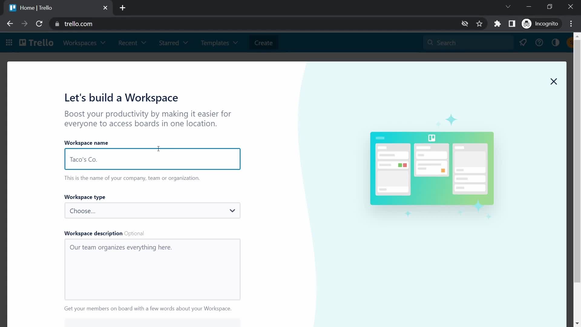 Trello create workspace screenshot