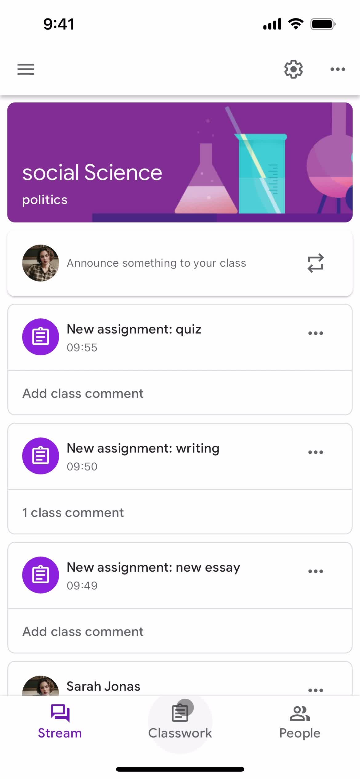 Google Classroom class details screenshot