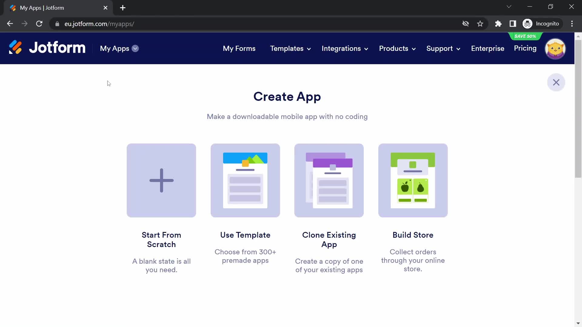 Jotform create app screenshot