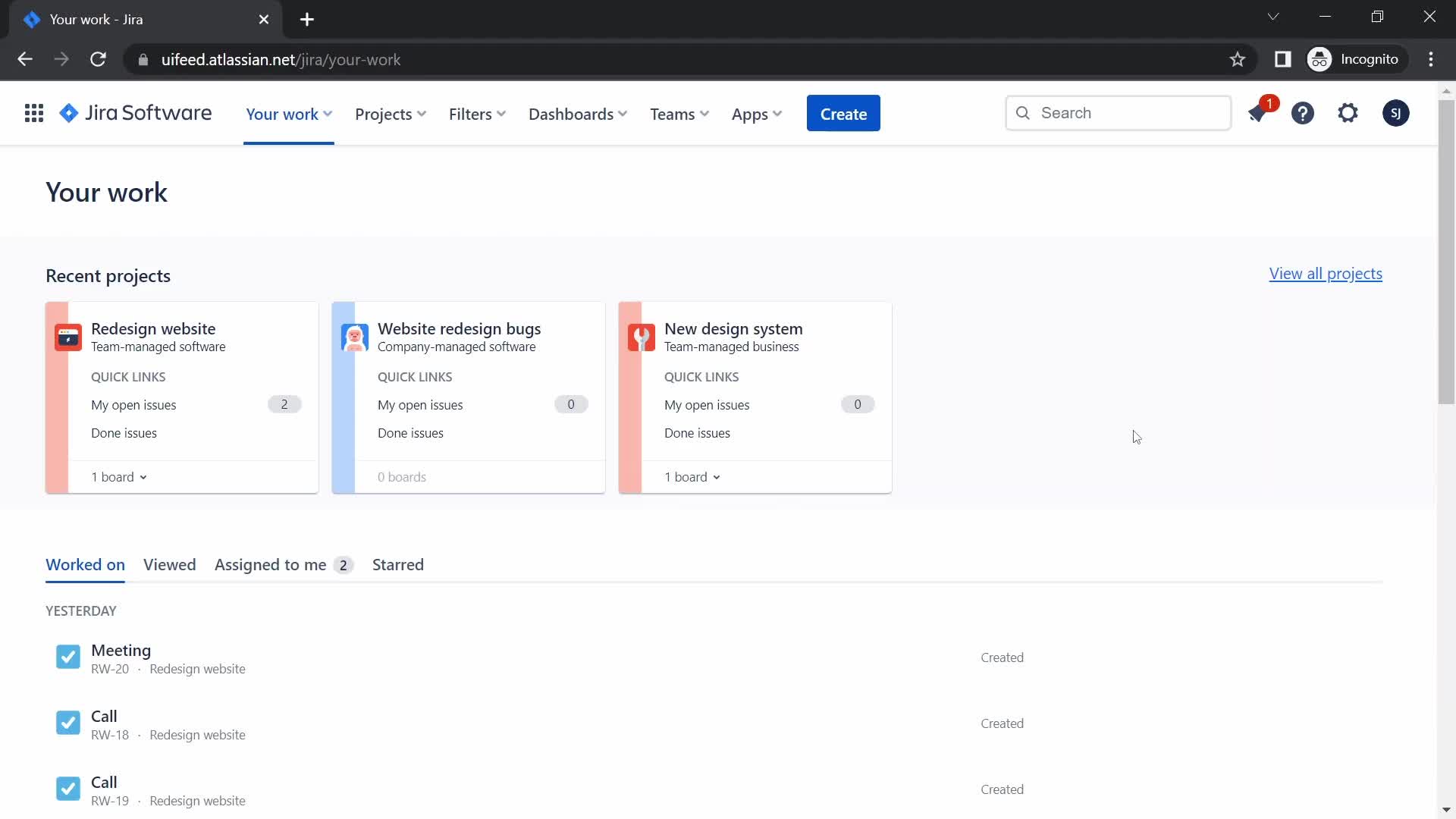 Jira dashboard screenshot