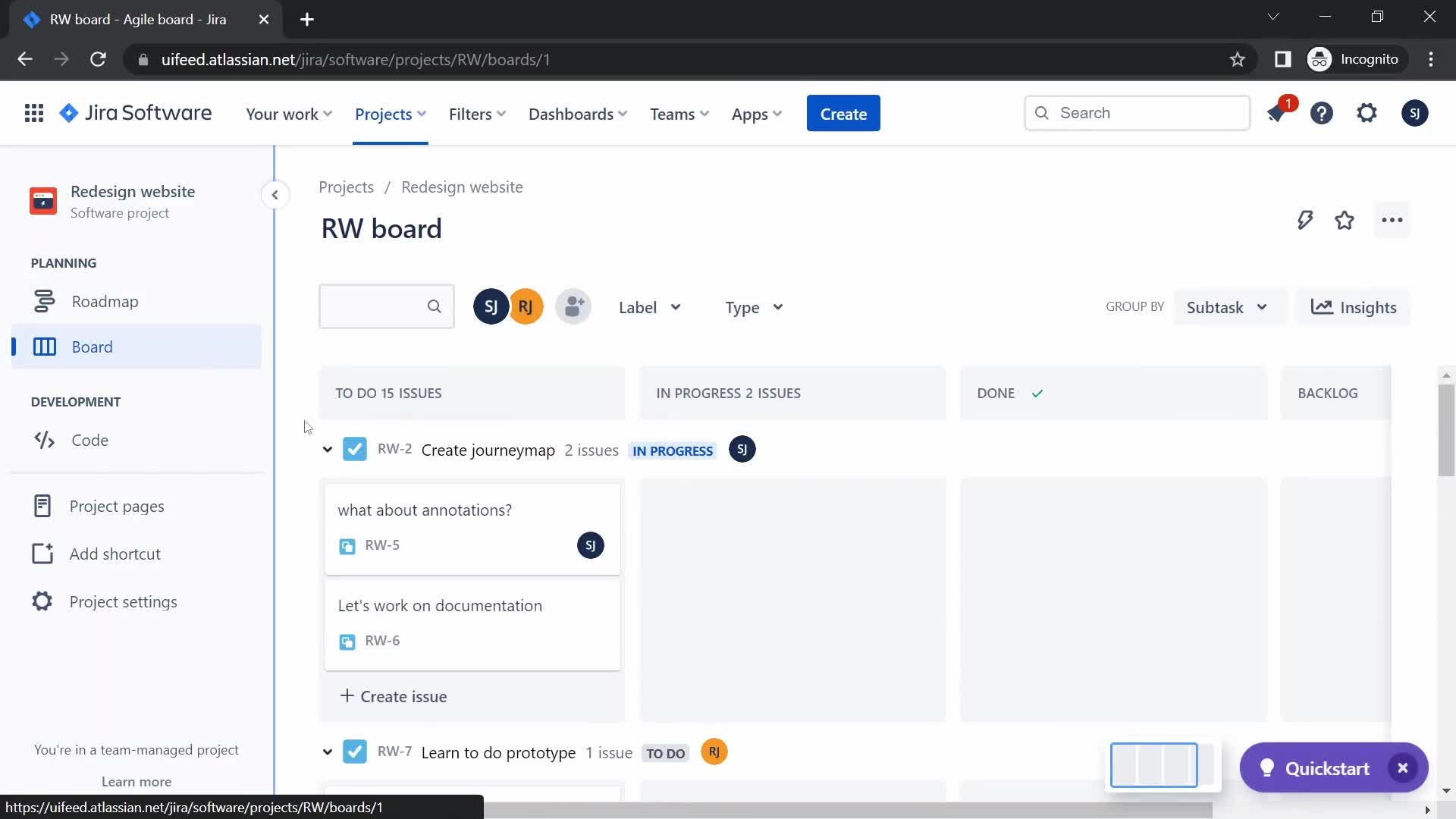 Jira tasks screenshot