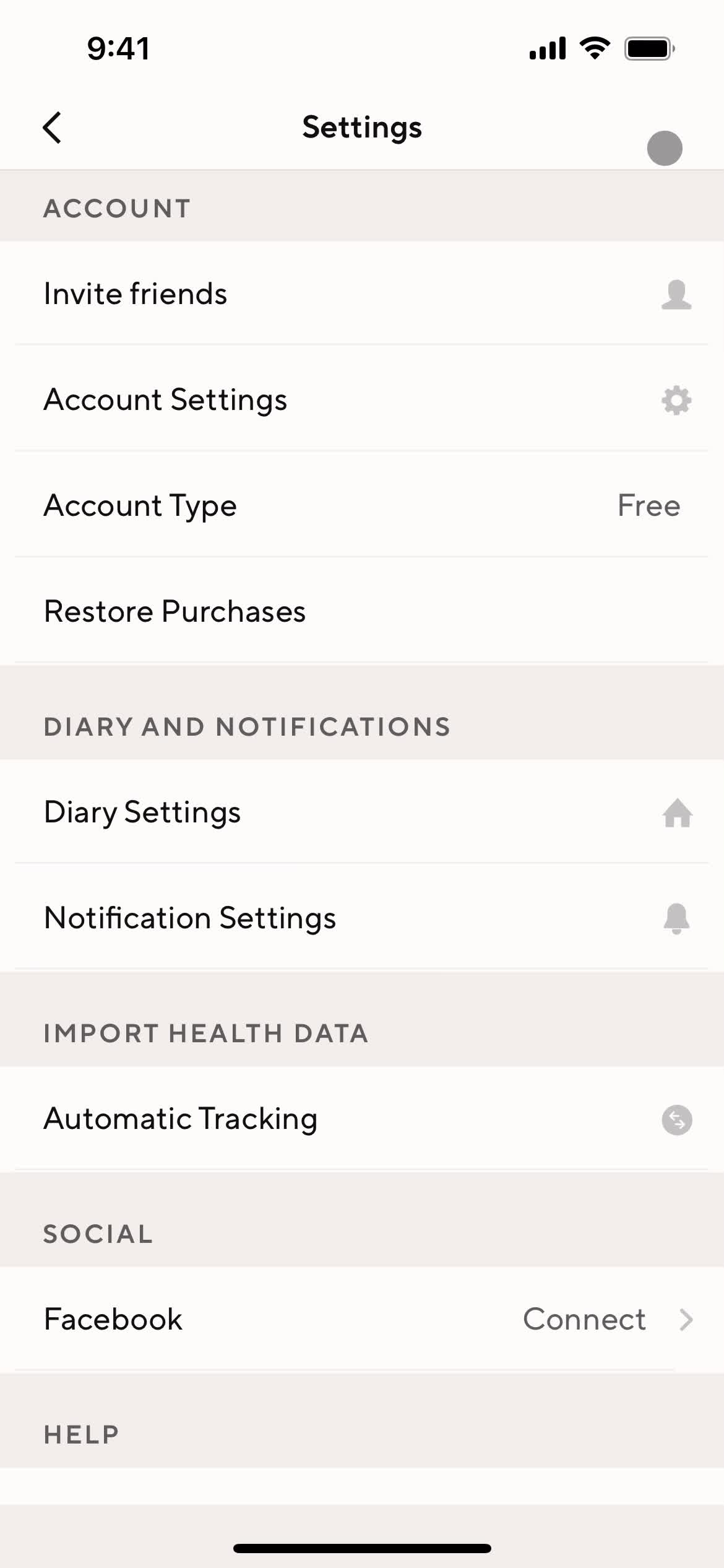 Lifesum settings screenshot