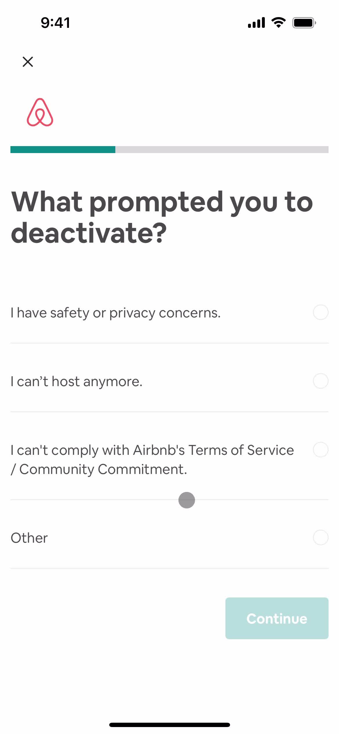 Airbnb select reason screenshot