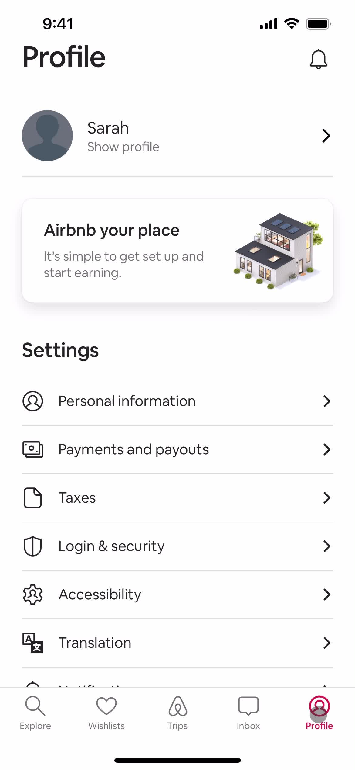 Airbnb profile menu screenshot