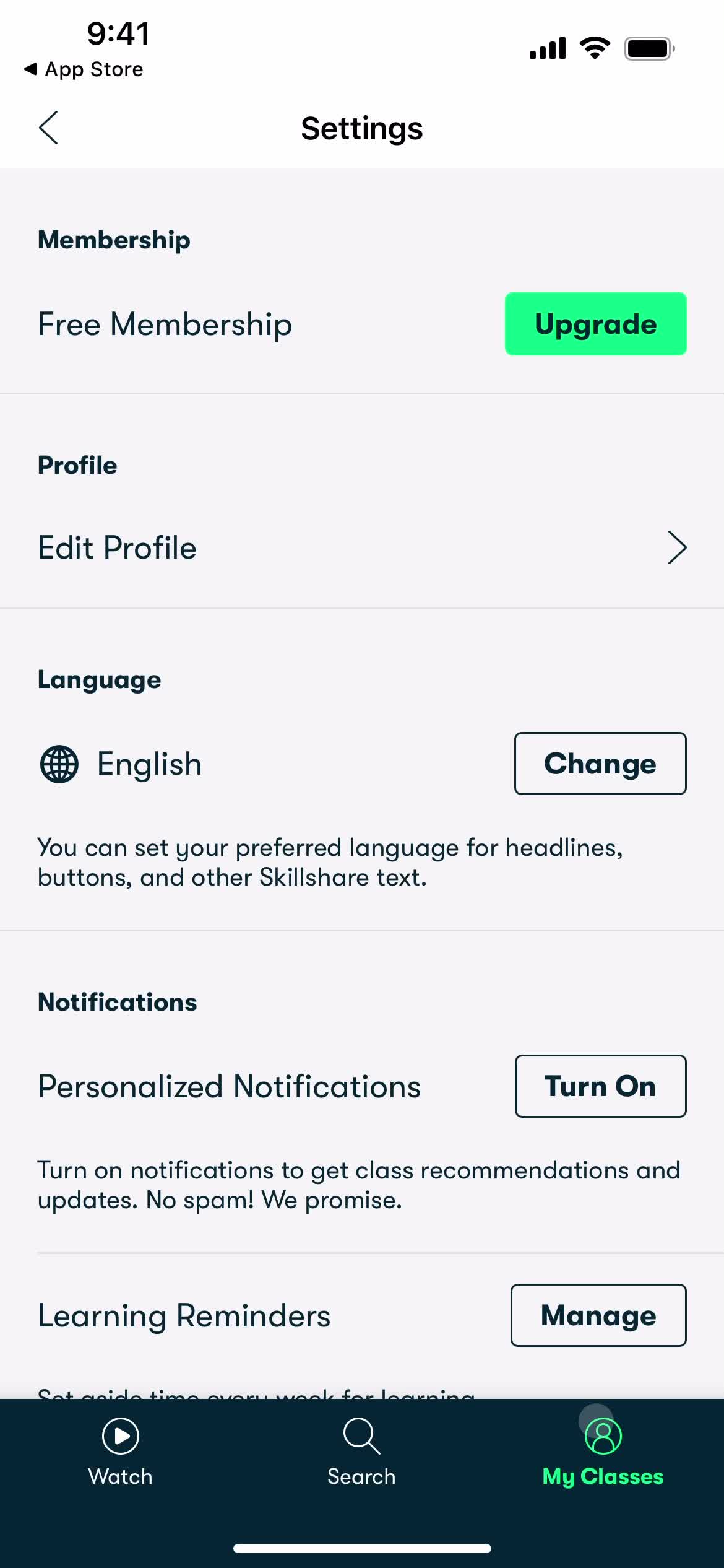 Skillshare account settings screenshot