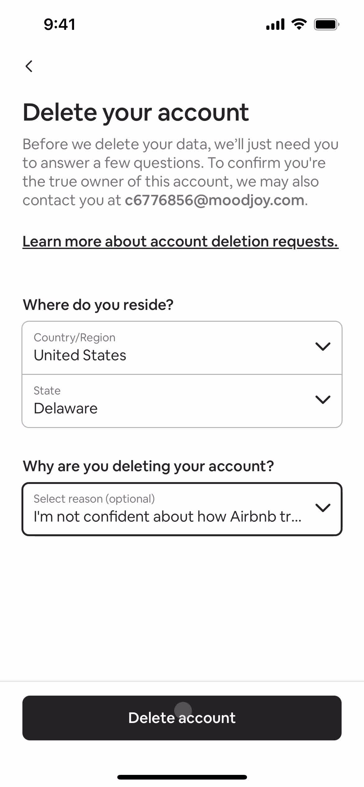 Airbnb delete account screenshot