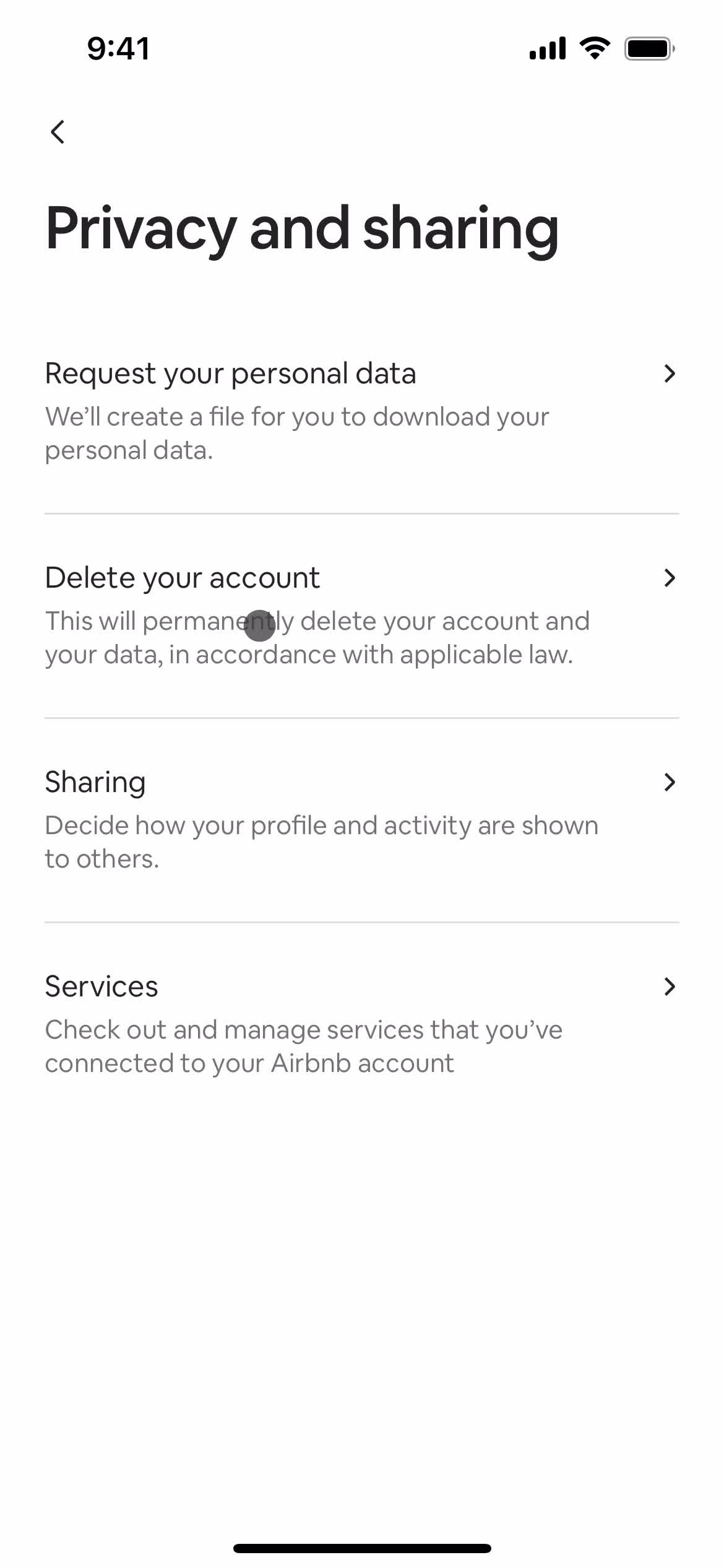 Airbnb privacy settings screenshot