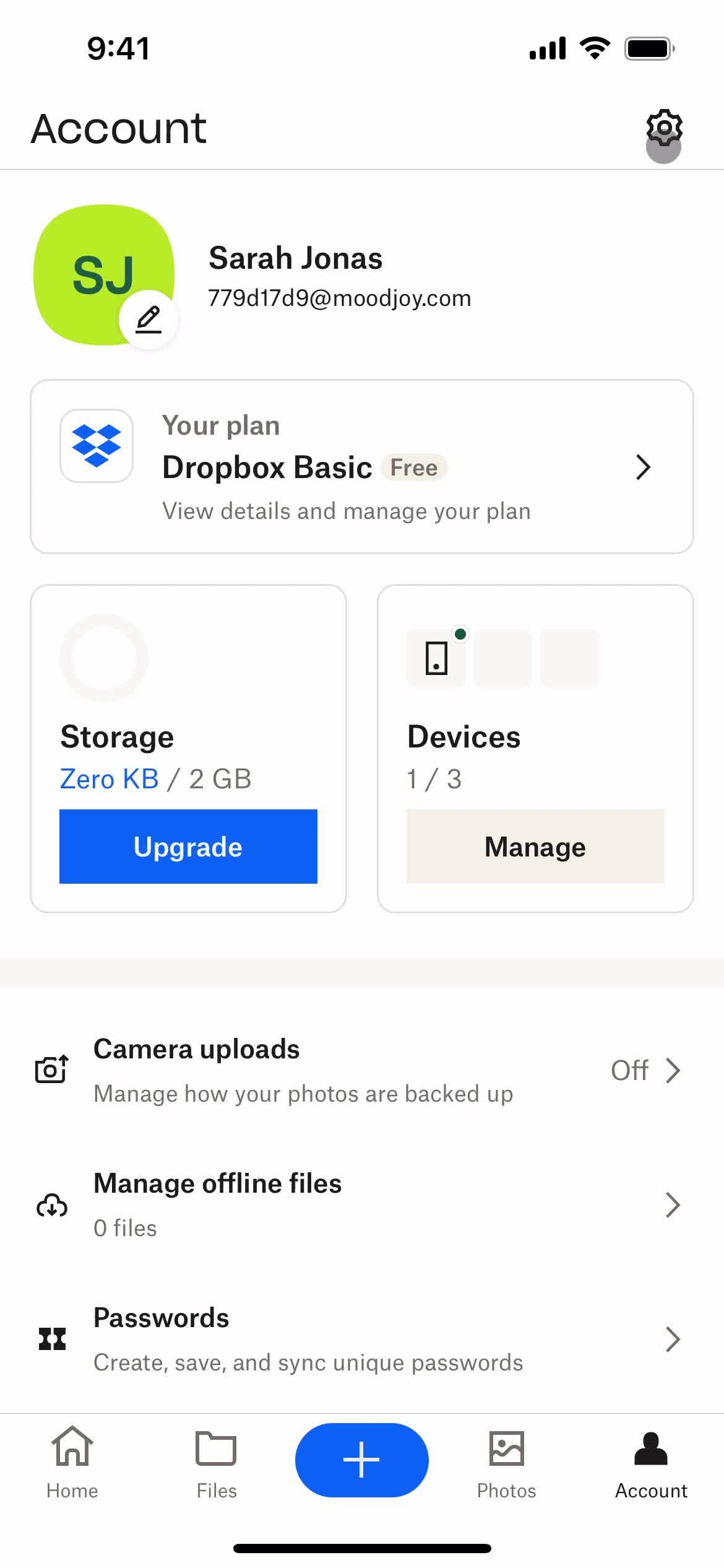 Dropbox account screenshot