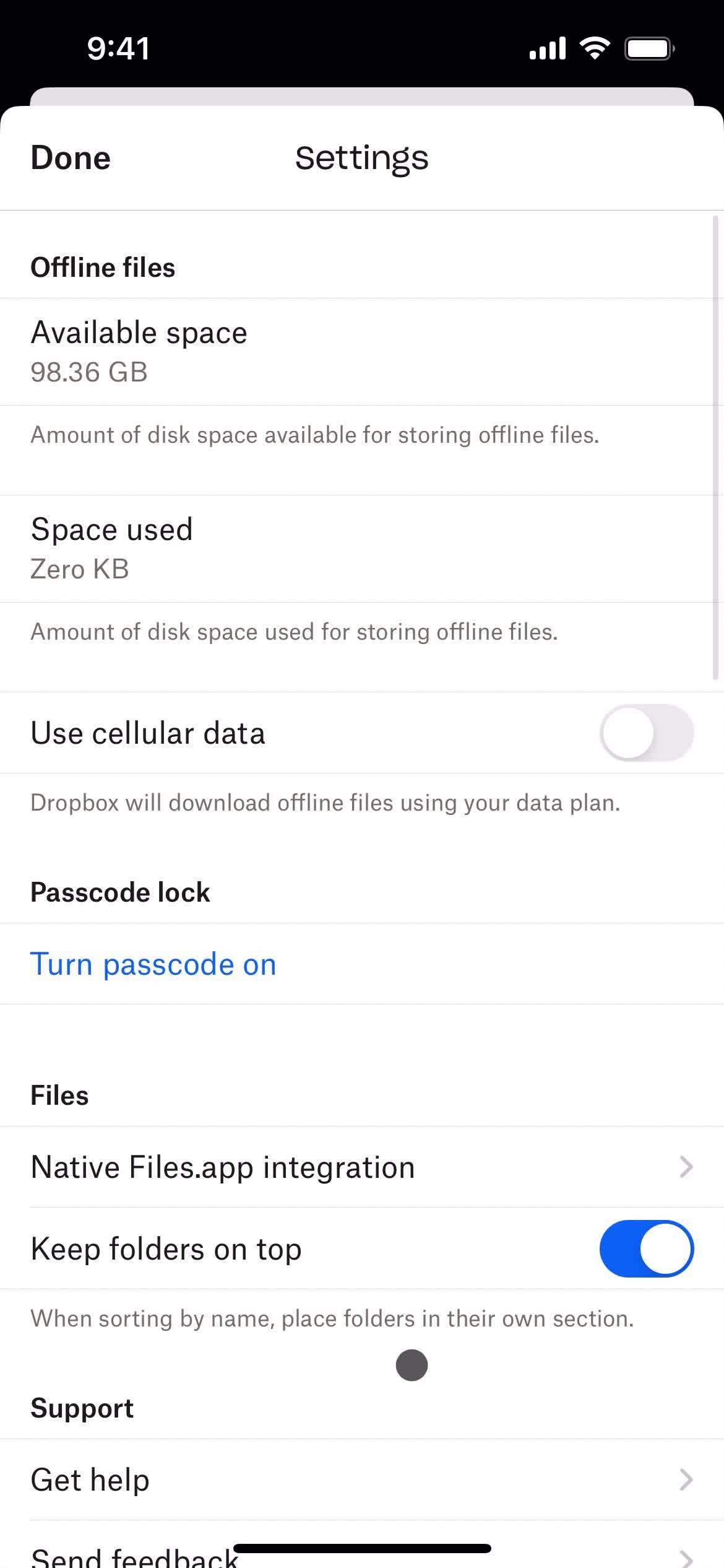 Dropbox settings screenshot