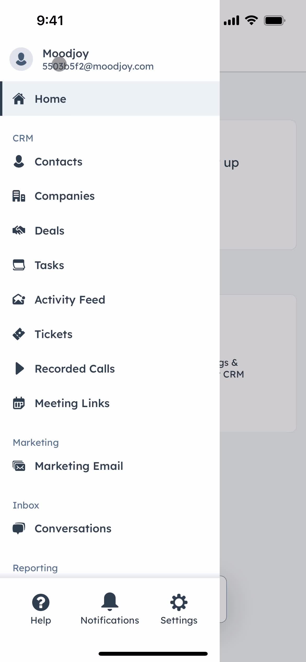 HubSpot CRM navigation menu screenshot