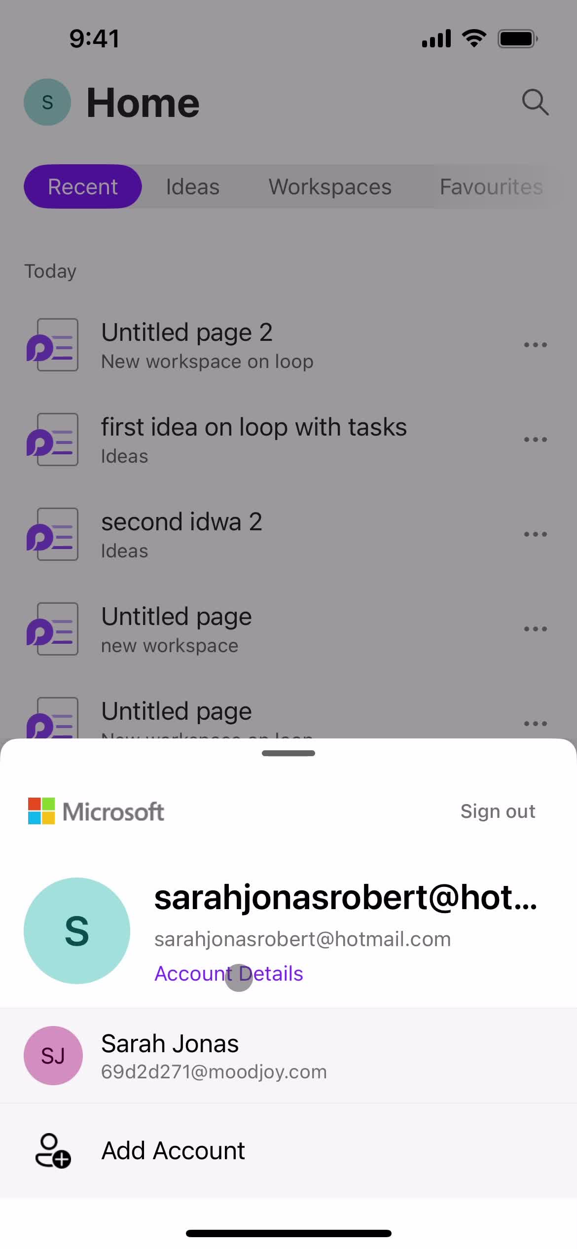 Microsoft Loop account details screenshot