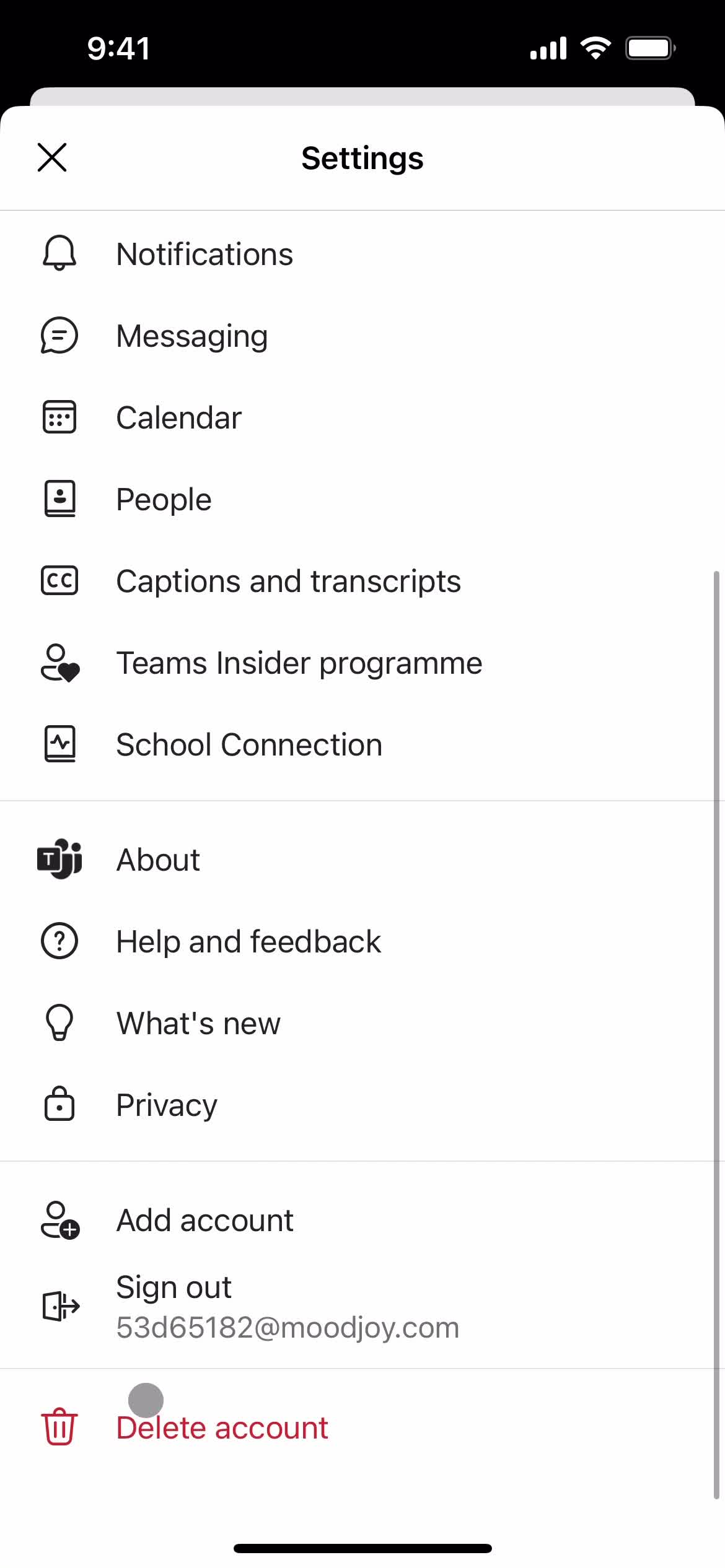 Microsoft Teams delete account screenshot